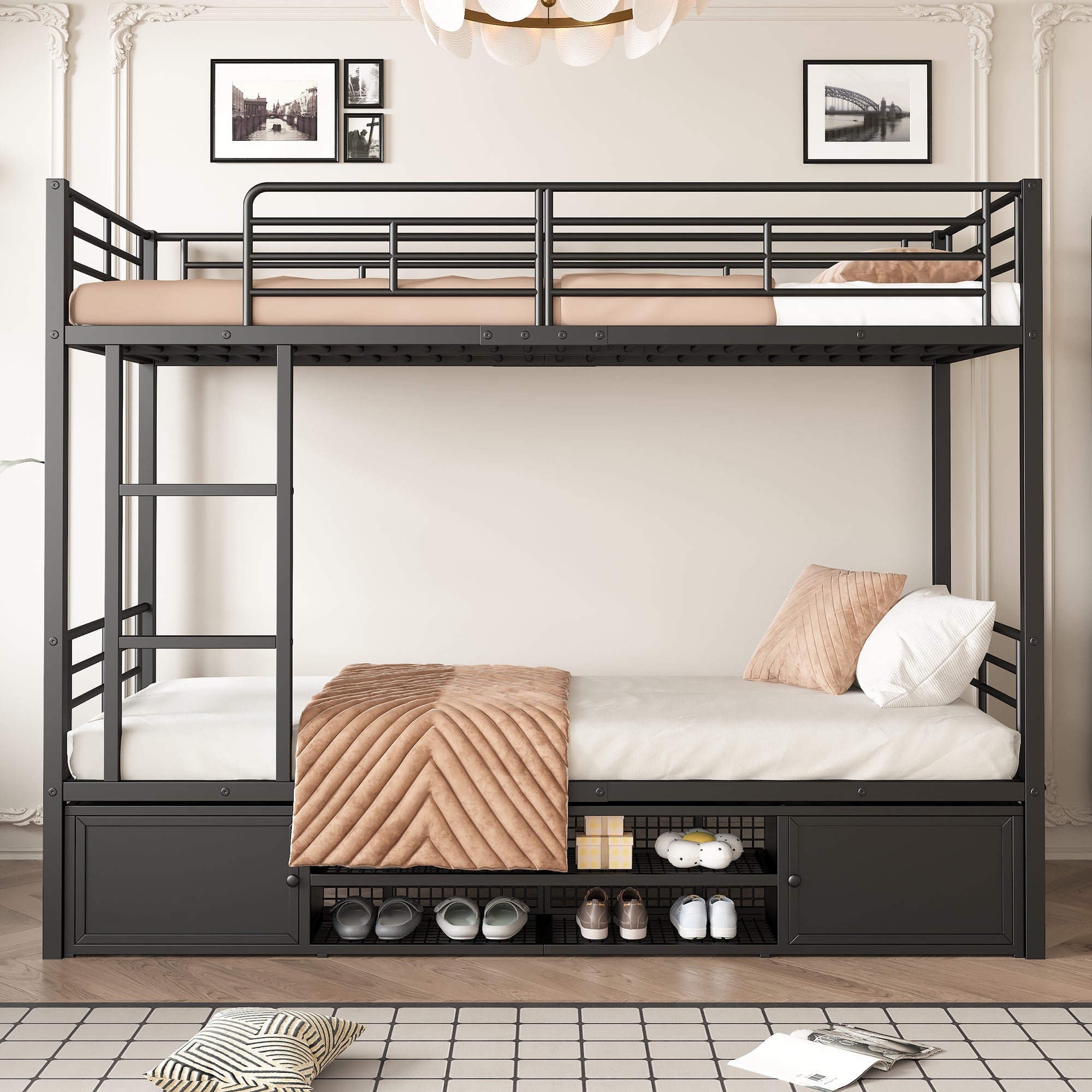 Logidon stapelbed ijzeren frame zwart 90x200 cm met schoenenrek