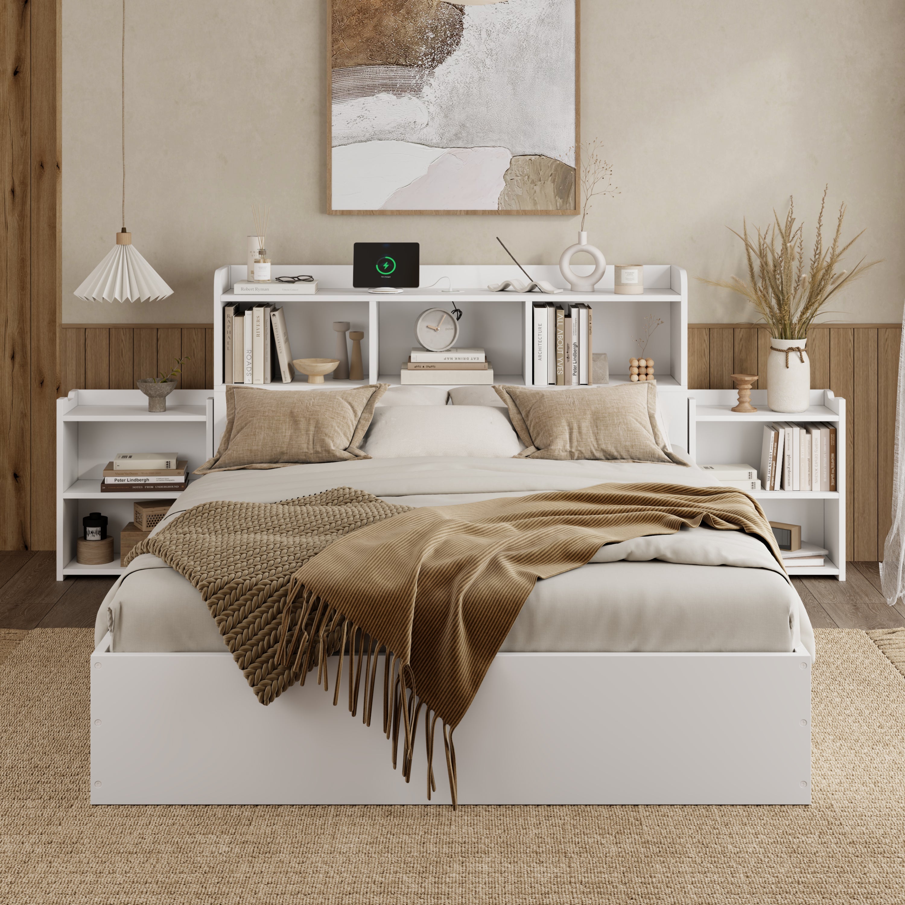Logidon tweepersoonsbed 140x200 wit met lattenbodem uitschuifbare nachtkastjes