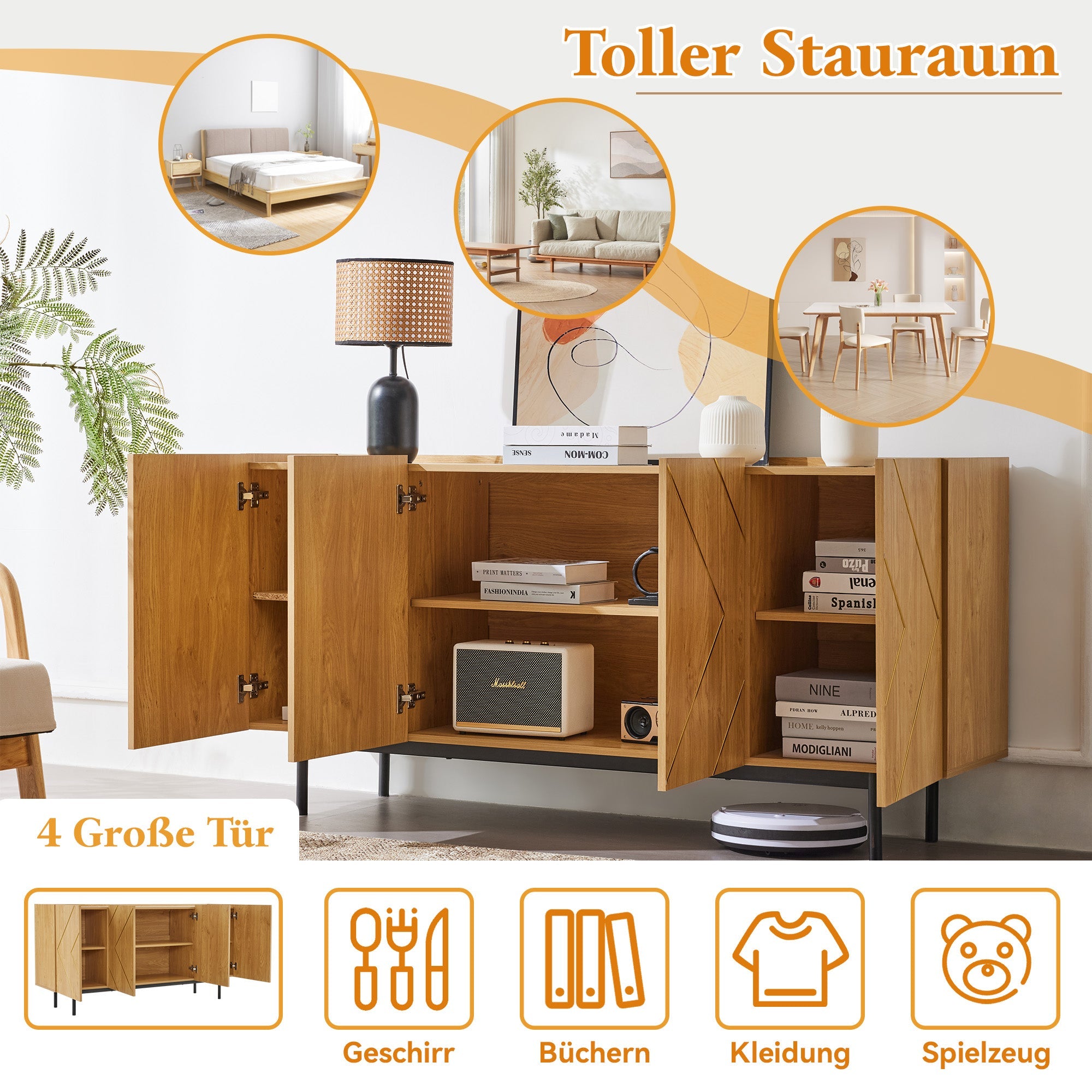 Logidon dressoir naturel hout met metalen inleg en 4 deuren 160 x 40 cm