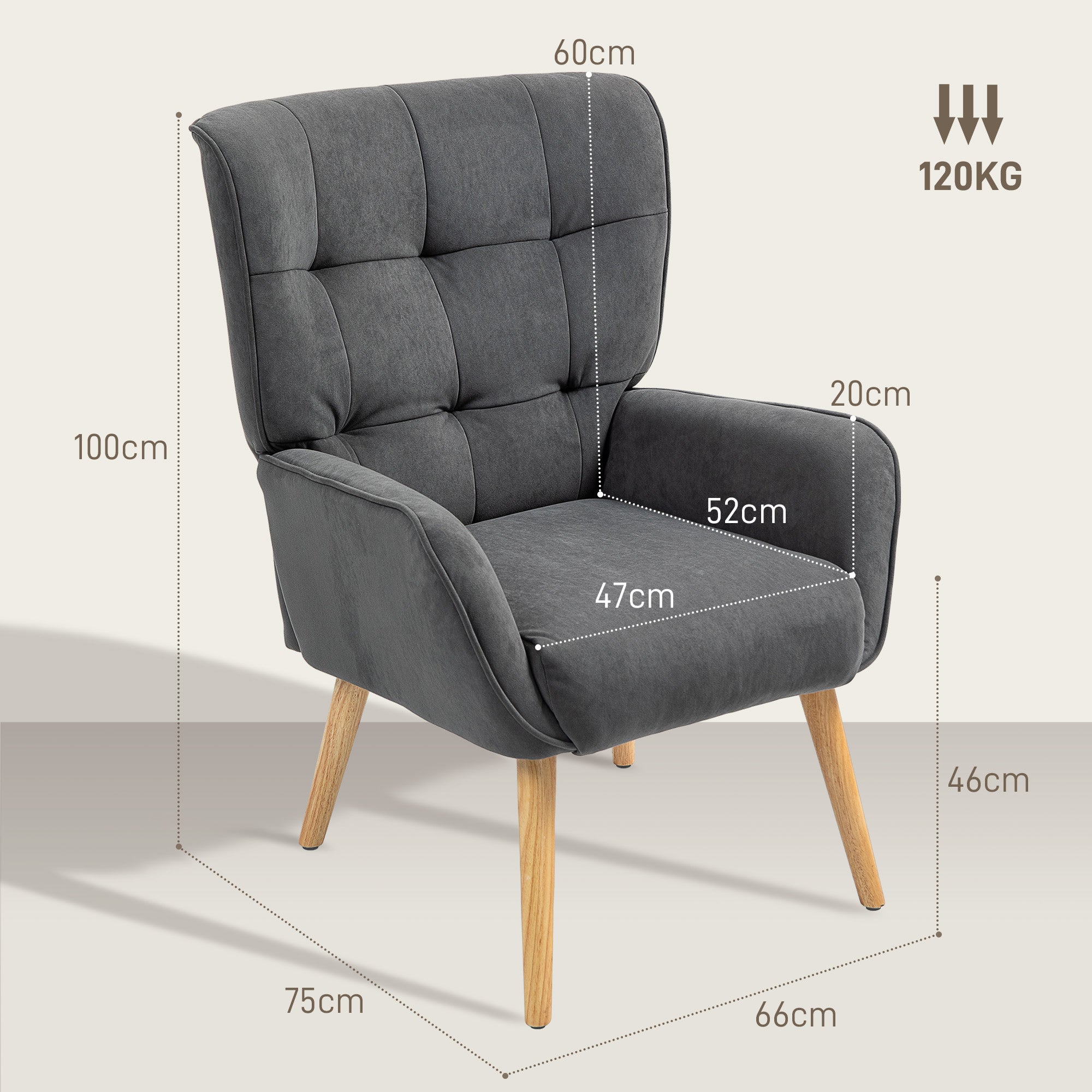 Logidon Velvet Look Relaxstoel Grijs Met Houten Poten Hoge Rug