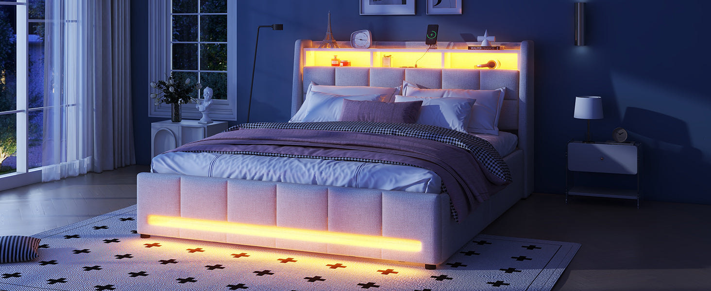 Logidon gestoffeerd bed 160x200 cm beige linnen met LED app bediening