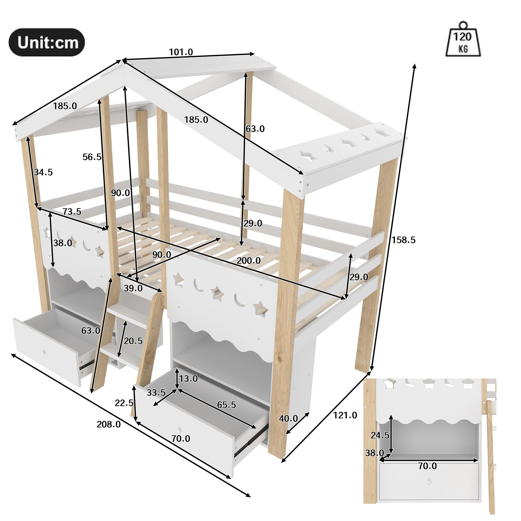 Logidon halfhoogslaper 90x200 huisvorm LED-lichtstrip 2 lades
