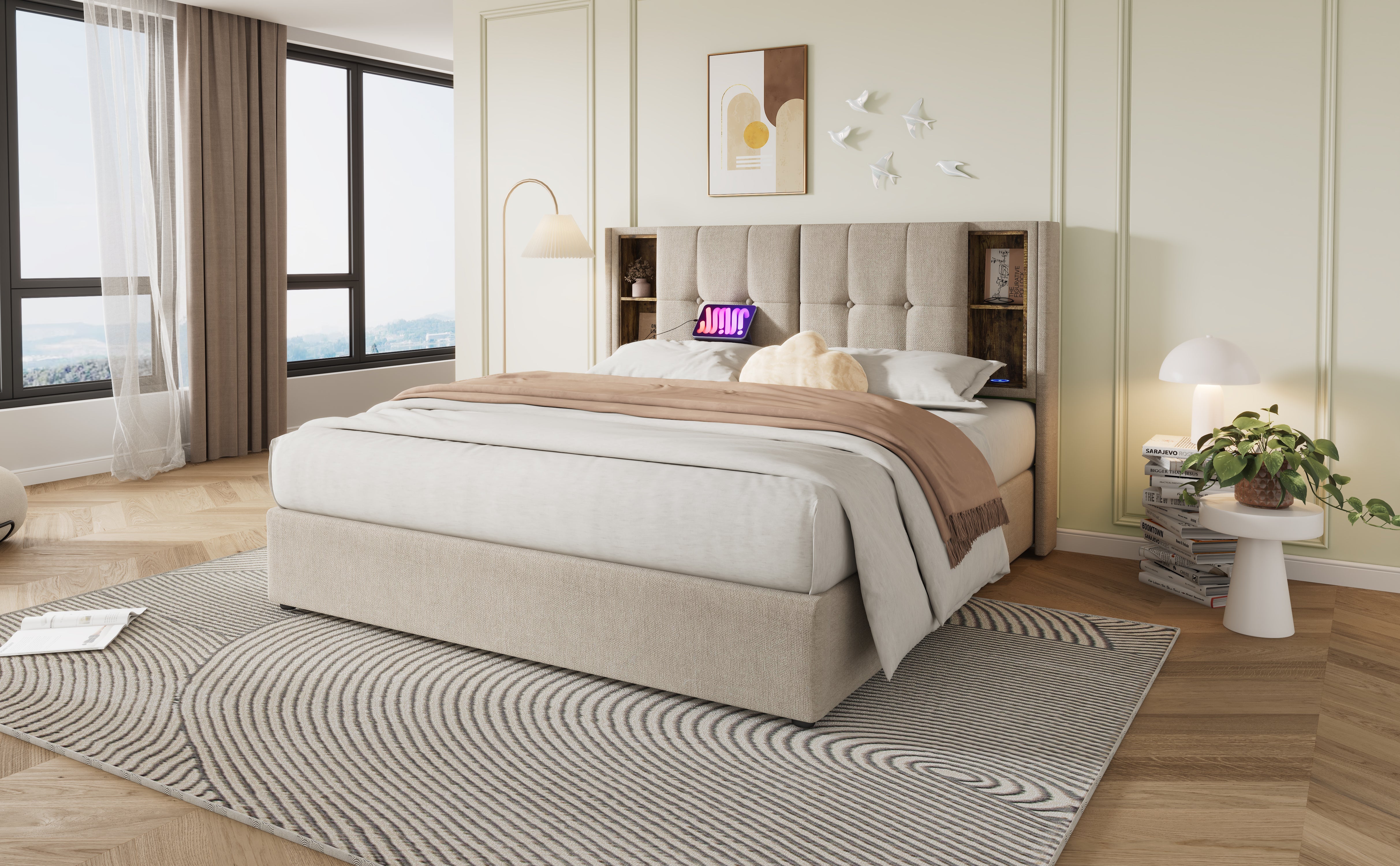 Logidon tweepersoonsbed 140x200 met draadloos opladen USB-C opbergruimte