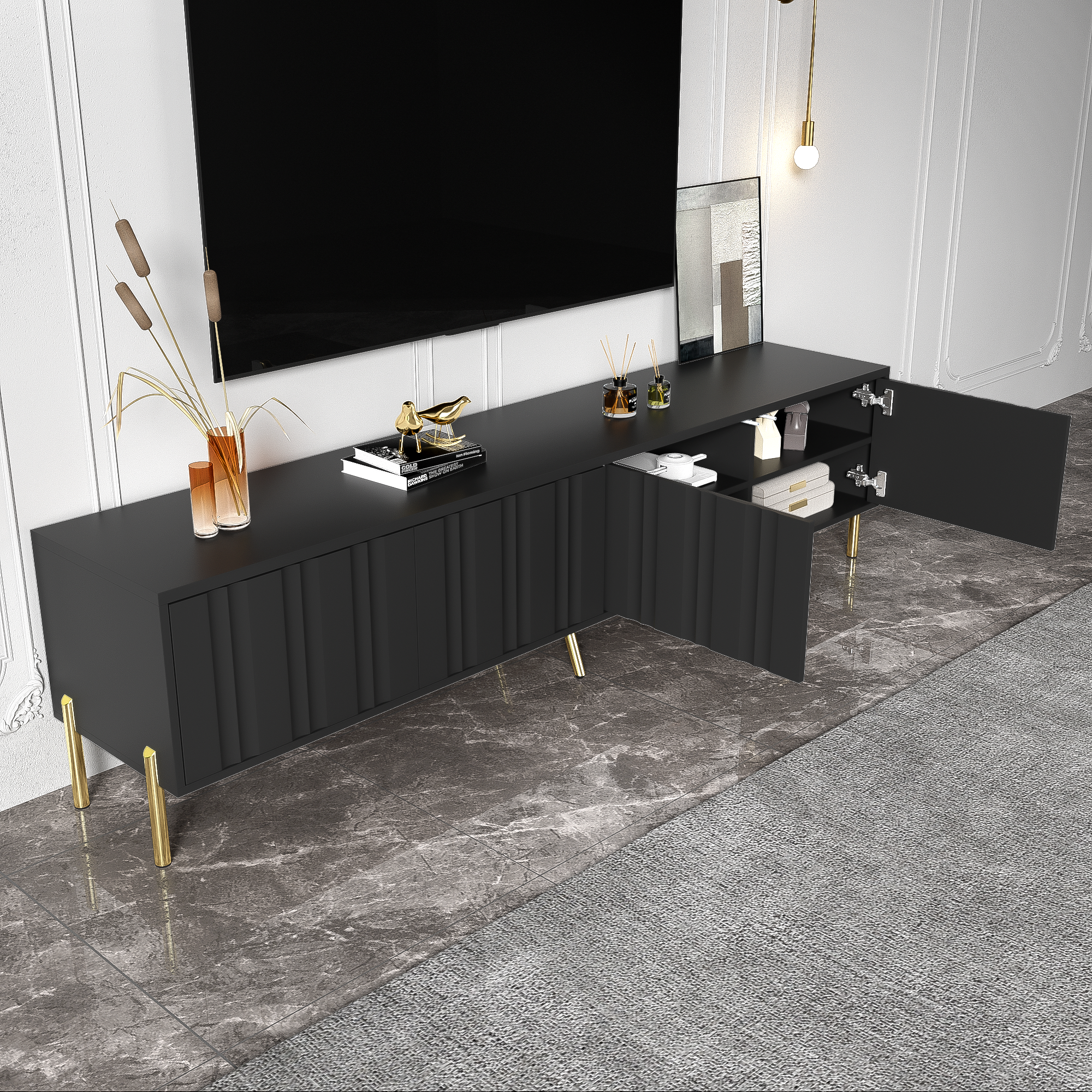 Logidon Zwart TV-meubel met Gouden Tafelpoten 190 cm
