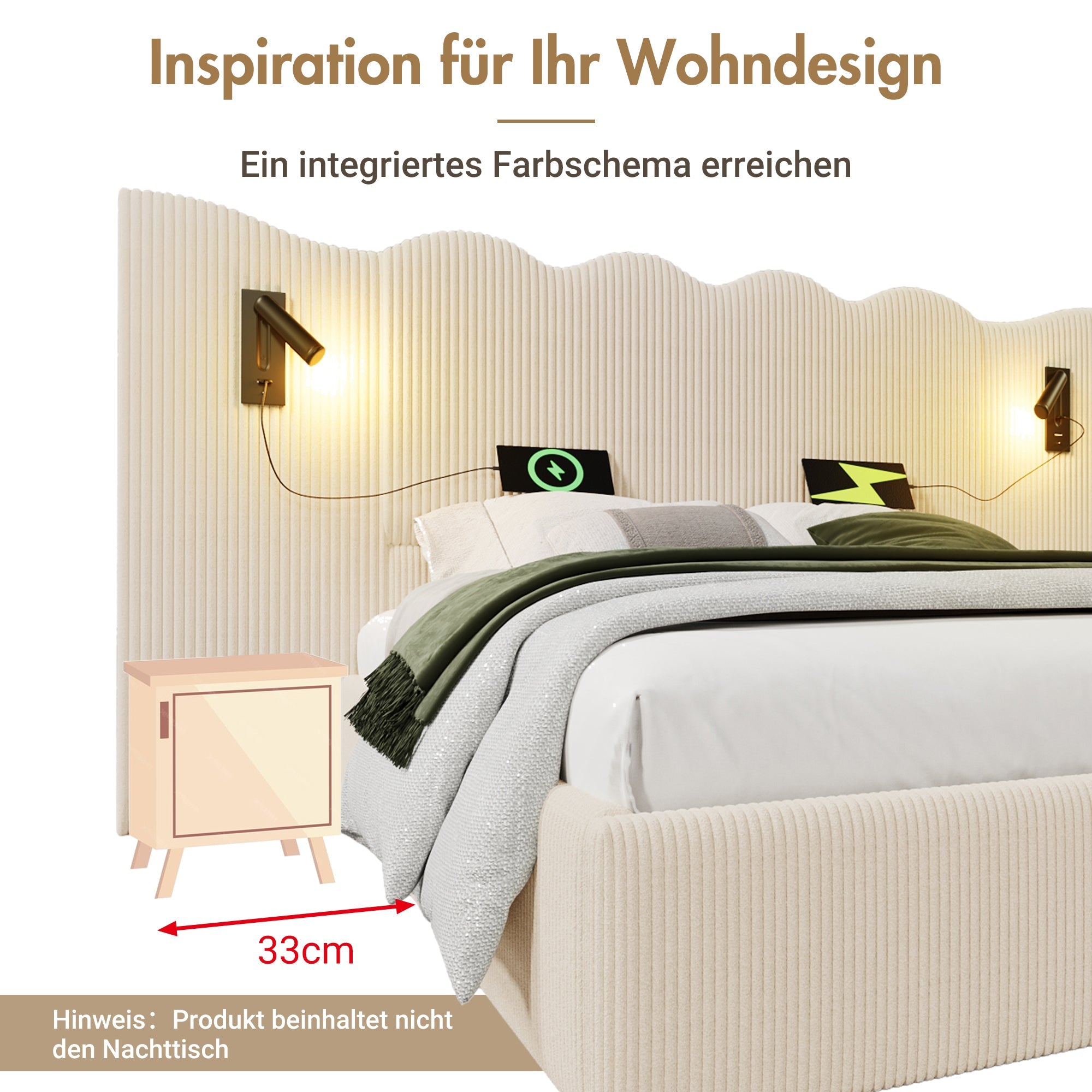 Logidon gestoffeerd bed tweepersoonsbed 180x200 beige-wit leeslamp USB-C opladen