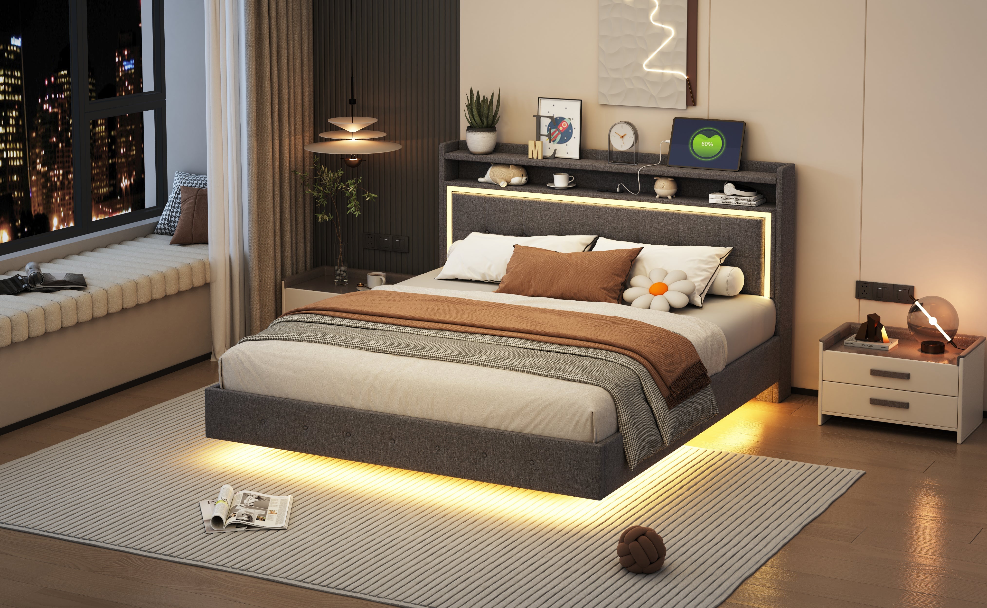 Logidon gestoffeerd bed 160x200 met USB-oplaadfunctie en LED lichtgrijs