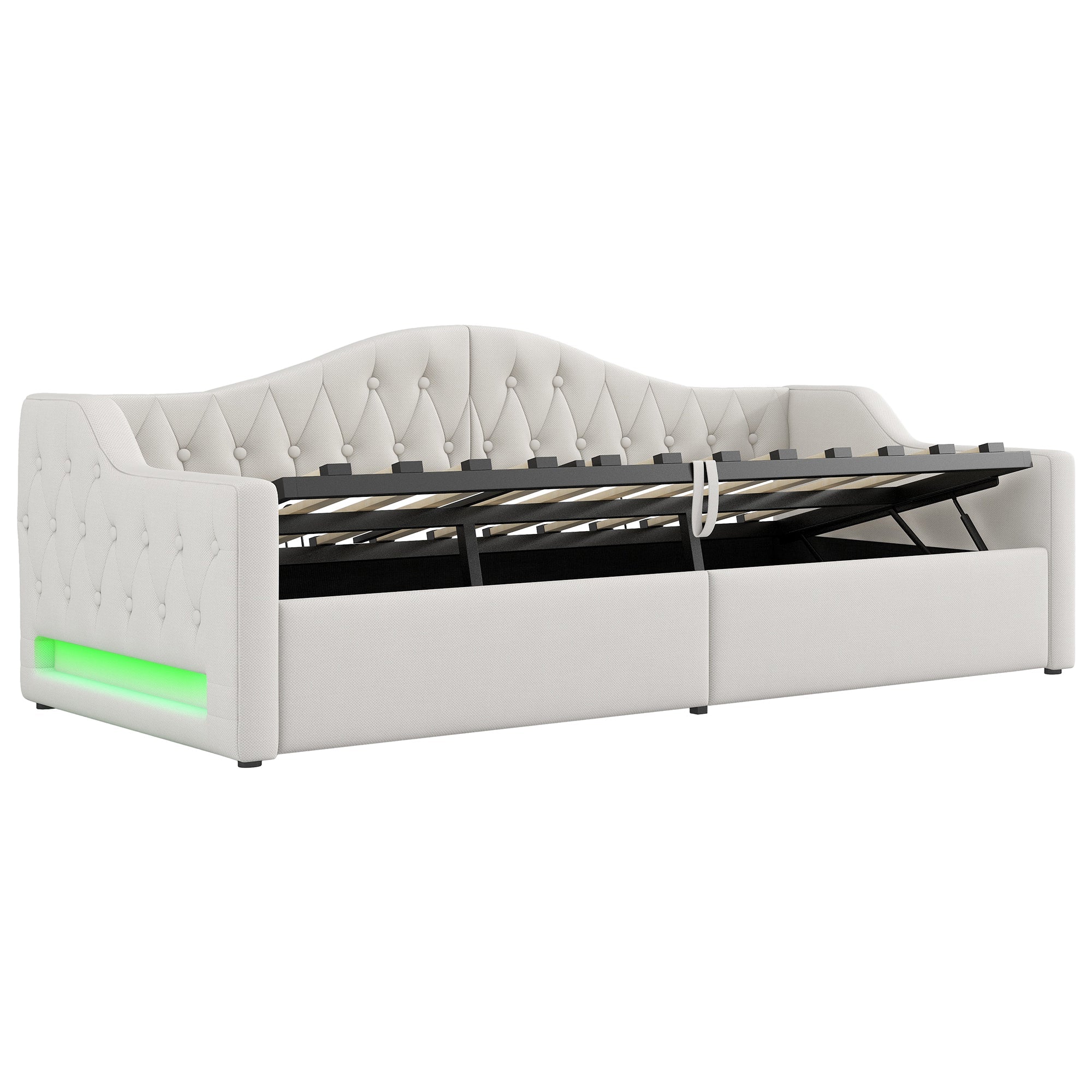 Logidon gestoffeerd dagbed 90x200 beige met opbergruimte met LED-verlichting