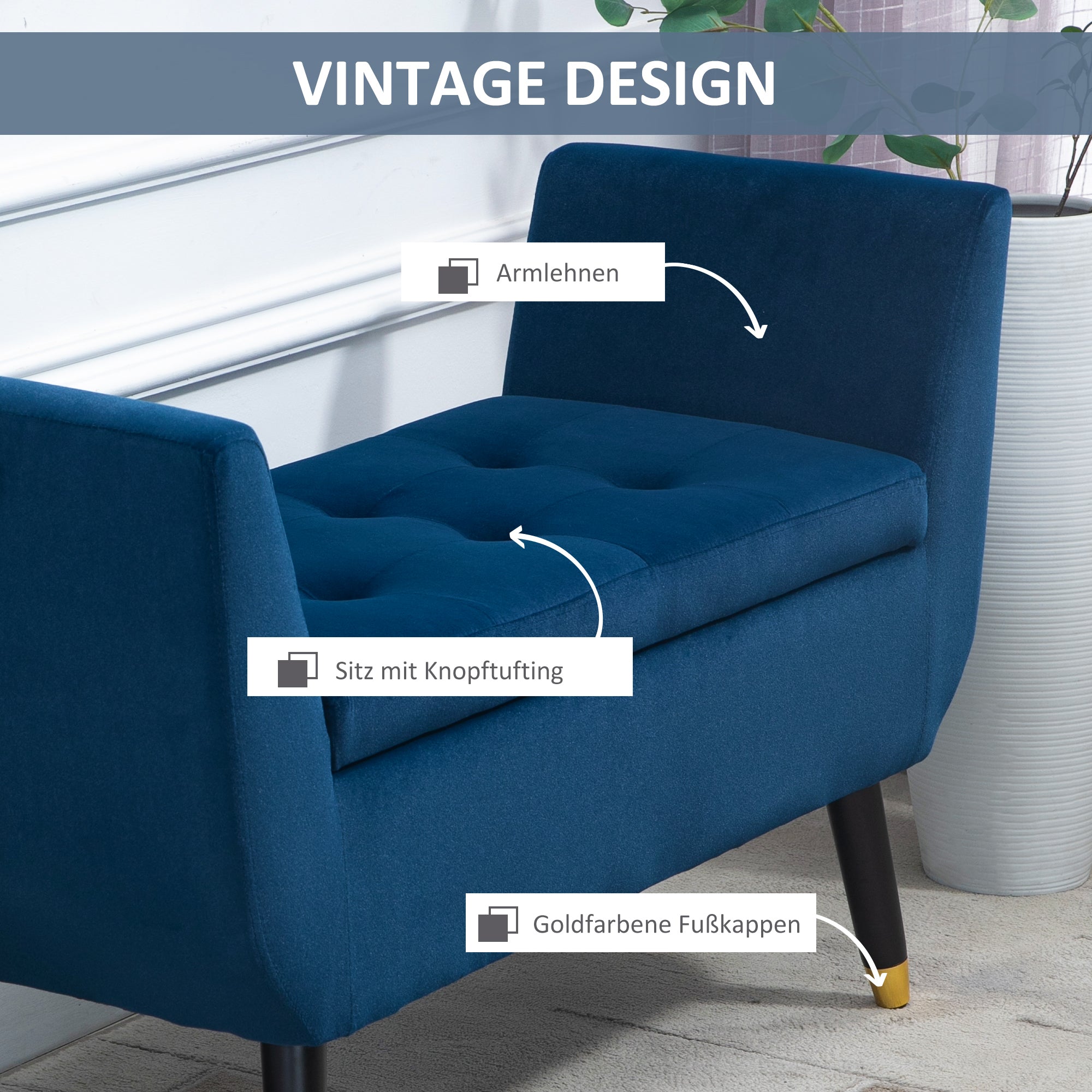 Logidon luxe bank met opbergruimte en armleuningen blauw 107x42x65 cm