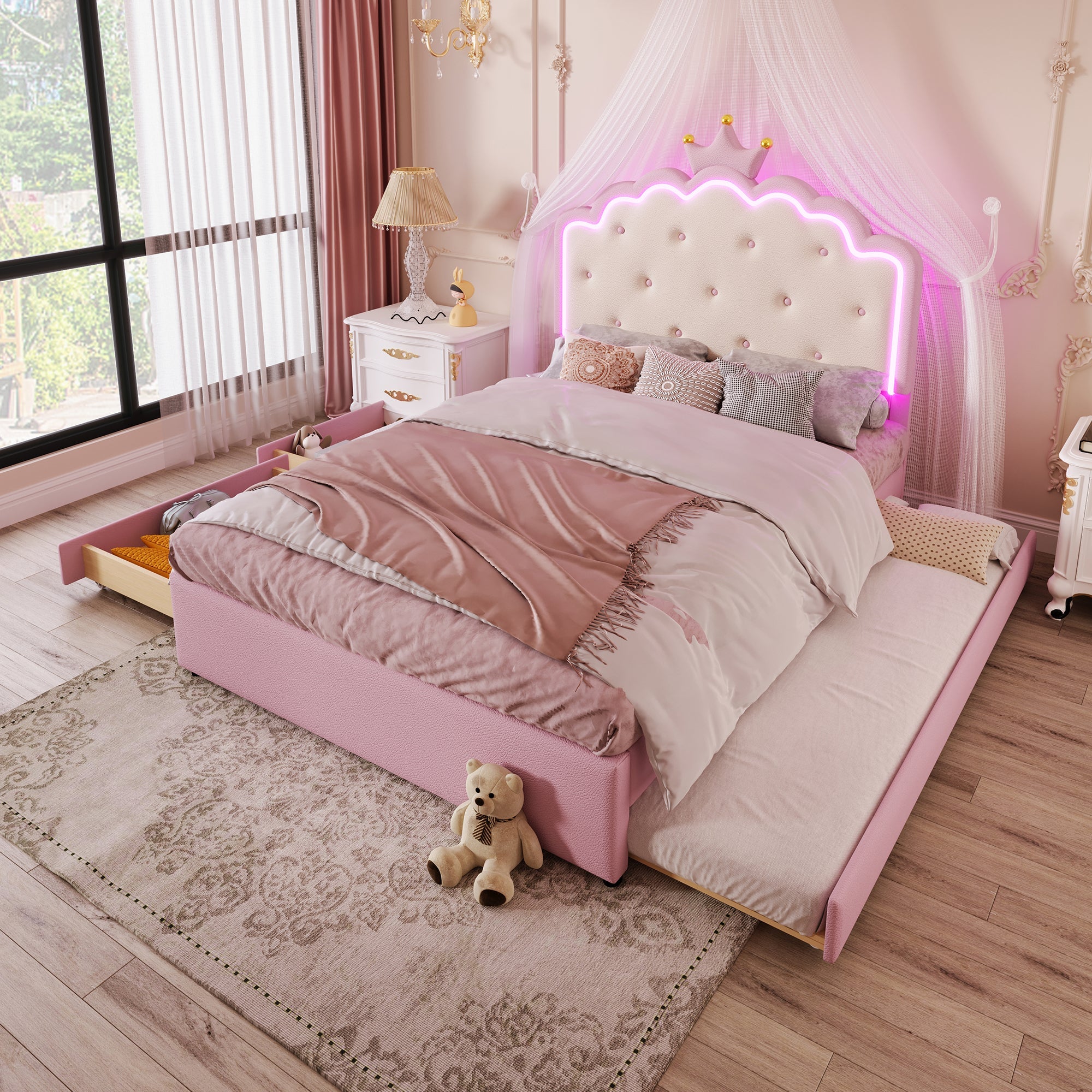 Logidon gestoffeerd bed 140x200 roze met lattenbodem LED-verlichting