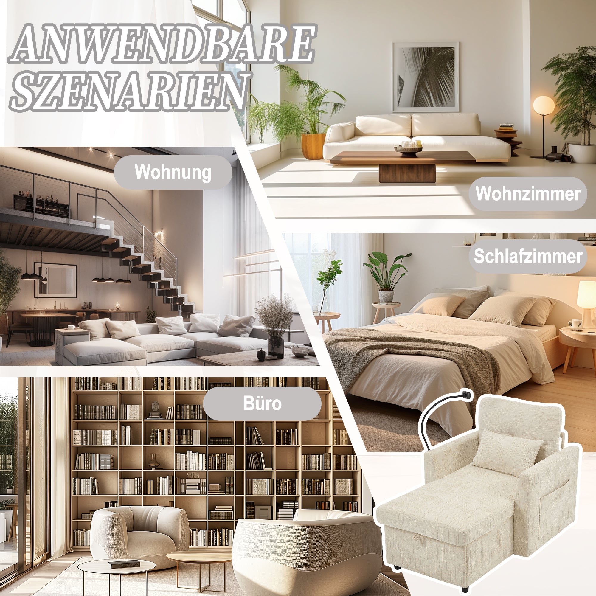 Logidon loungerstoel beige chenille met verstelbare rugleuning