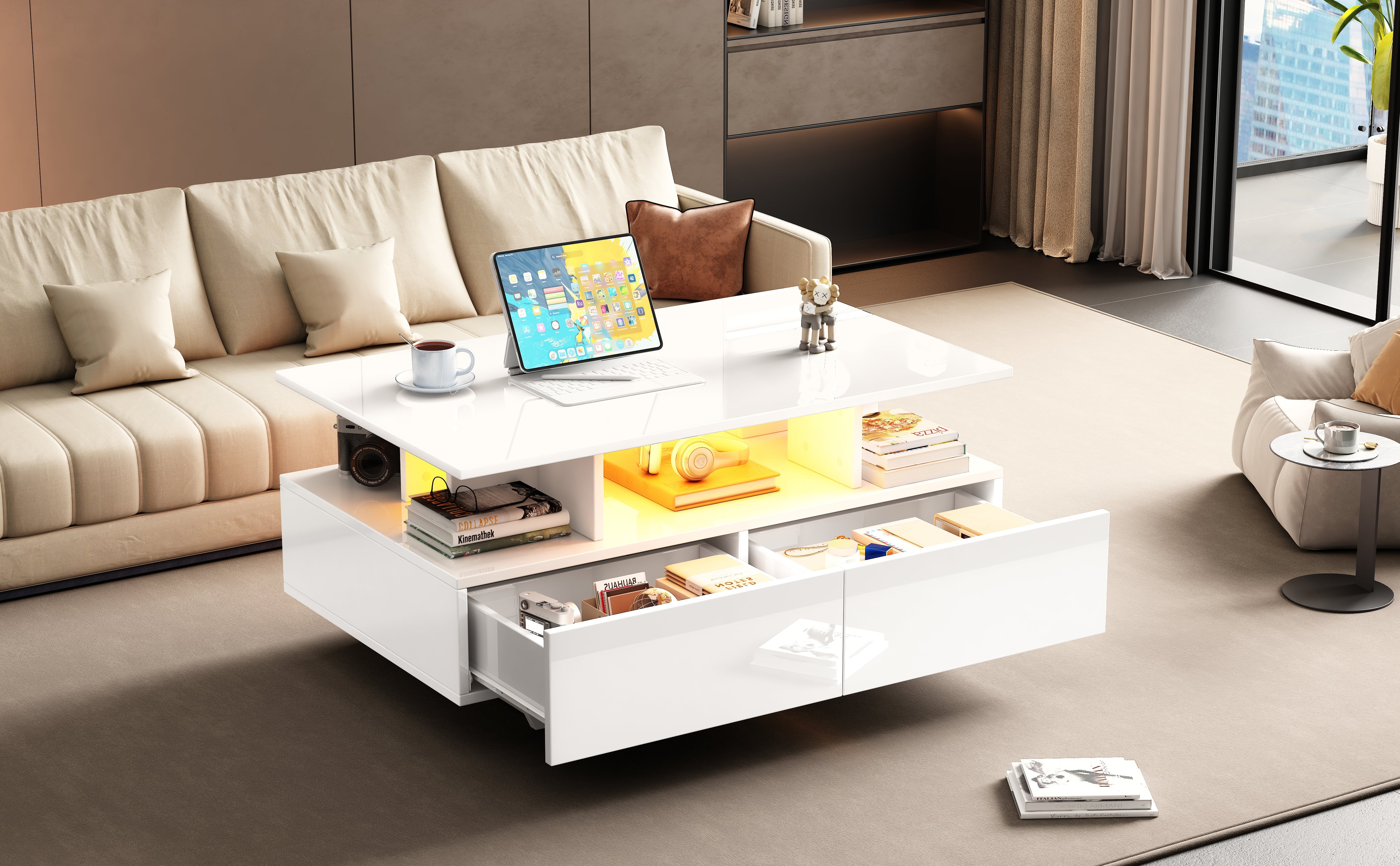 Logidon hoogglans salontafel LED, 2 lades, 90x55x41 cm wit
