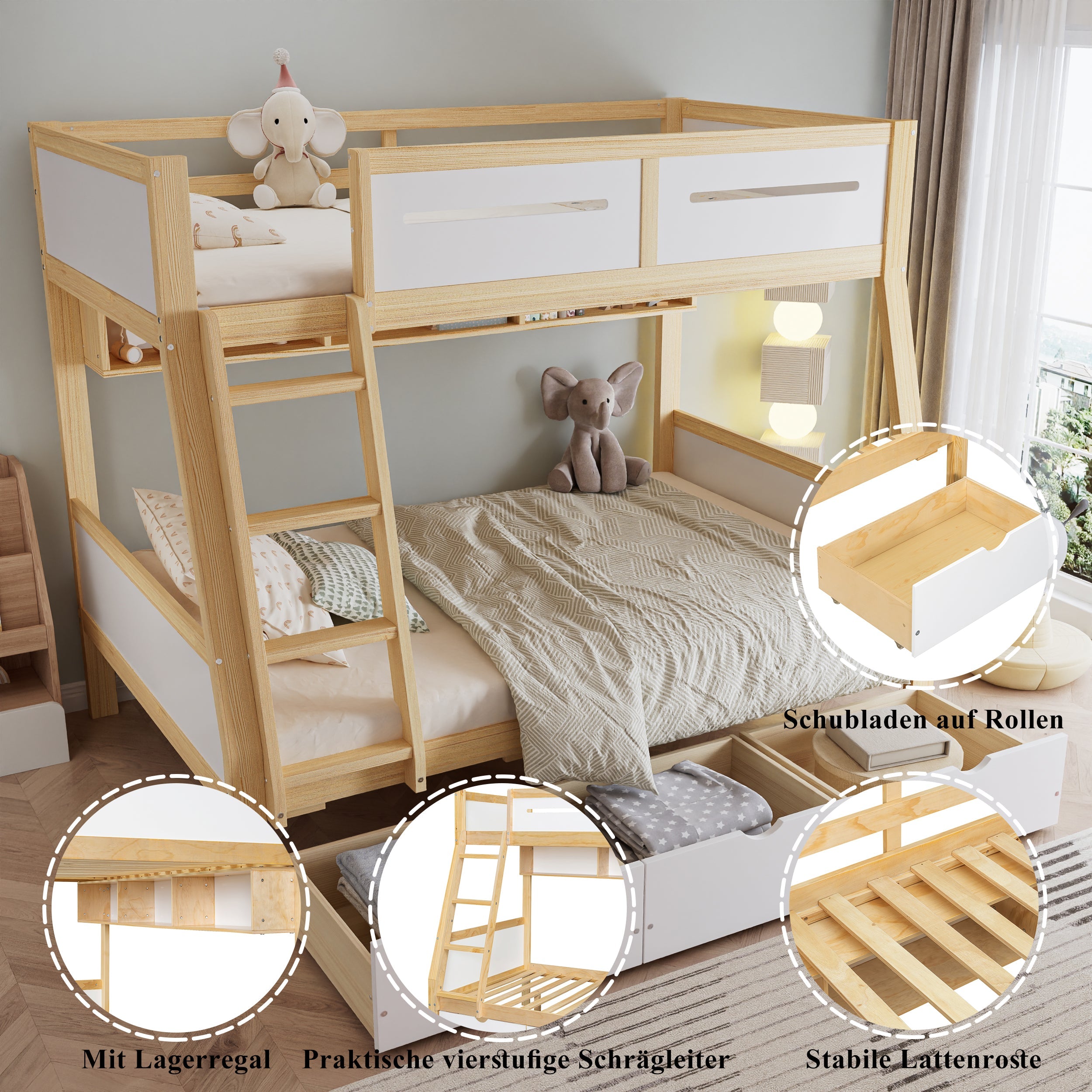 Logidon stapelbed met drie lades wit naturel 90x200 120x200