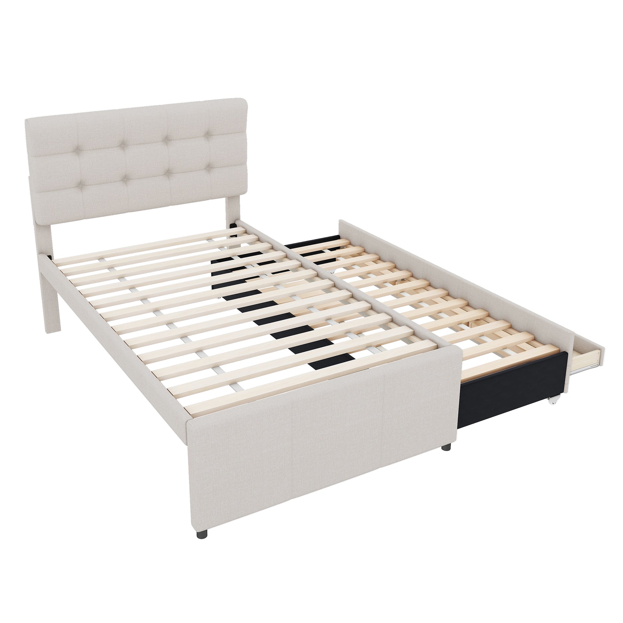 Logidon gestoffeerd bed 90x200 beige uitschuifbaar onderschuifbed 3 lades