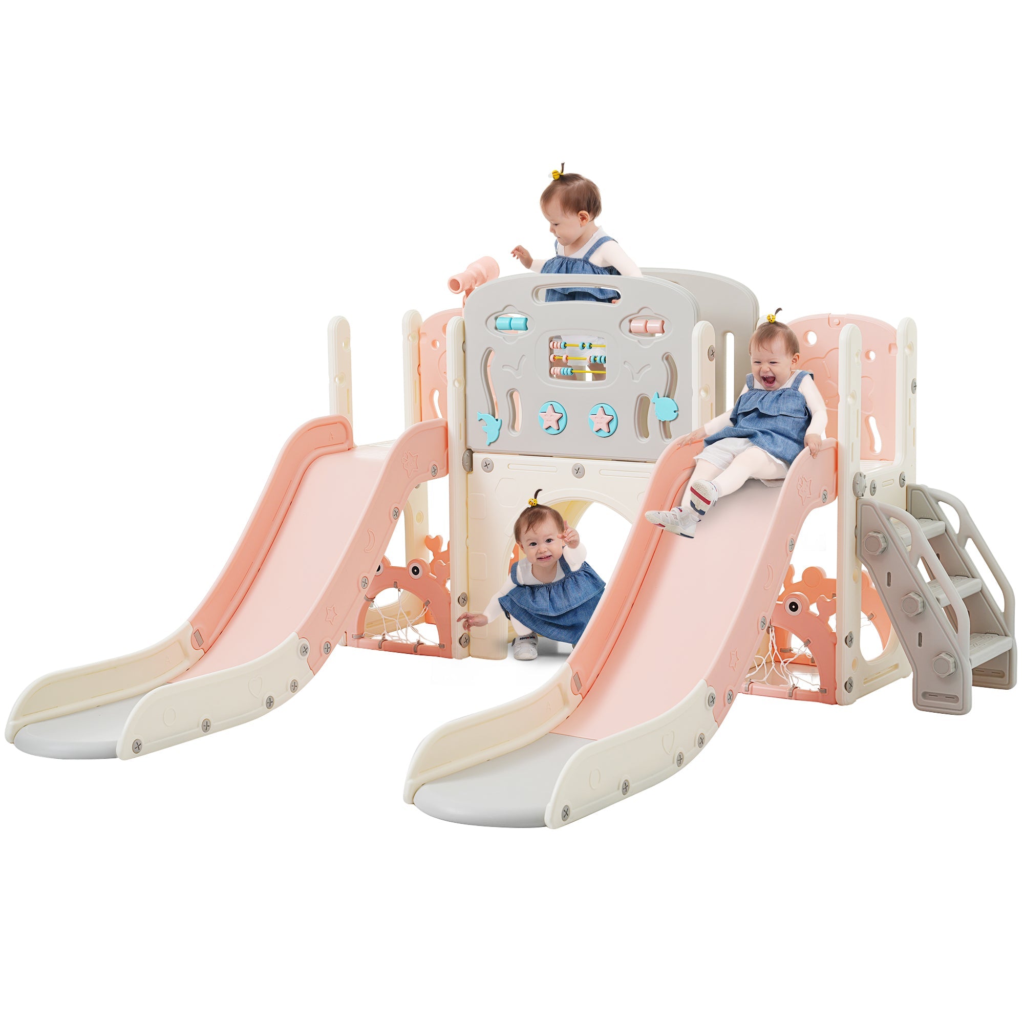 Logidon 8-in-1 kinderspeeltuin vrijstaande glijbaan met roze zeedieren