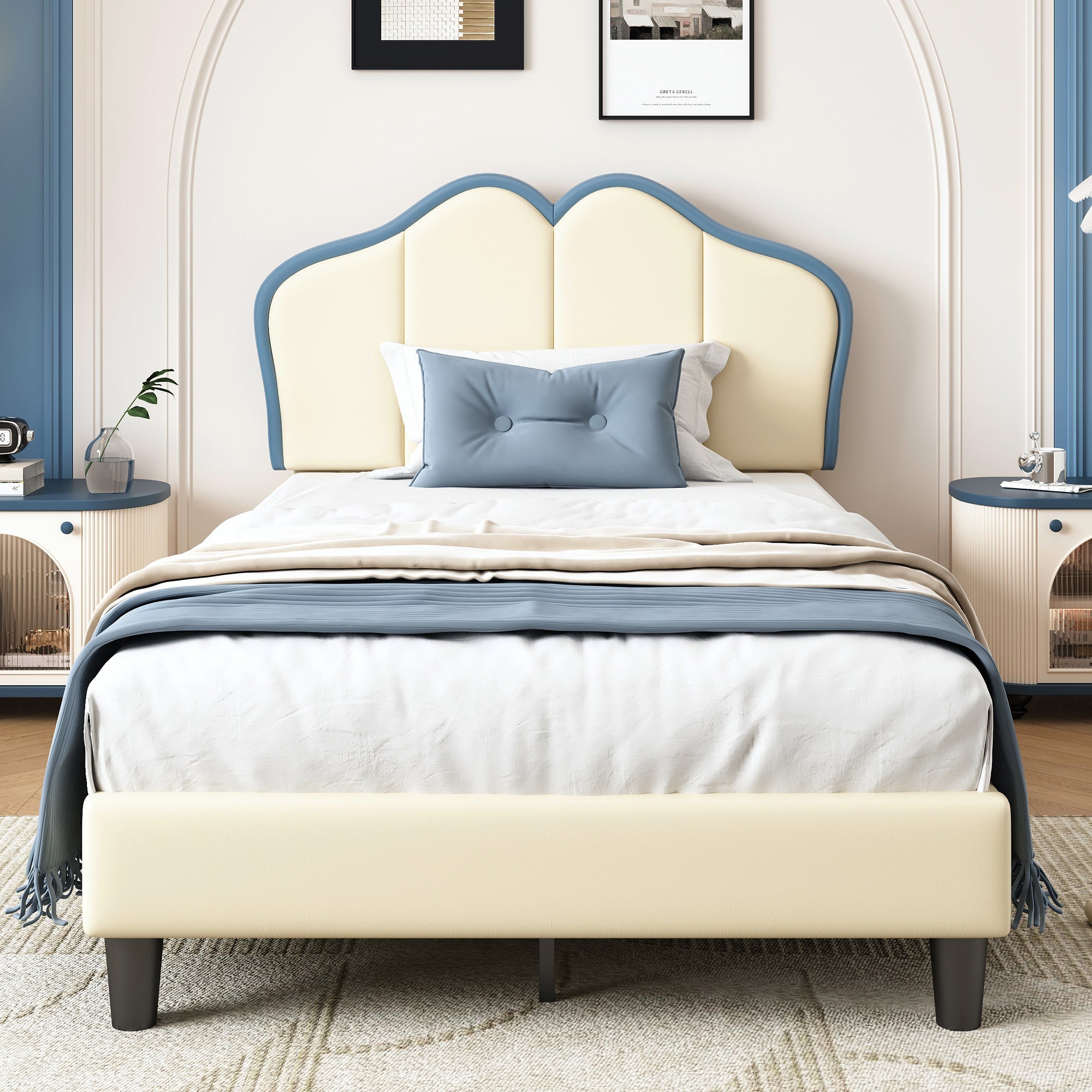 Logidon gestoffeerd bed 90x200 kinderbed wit blauw met zachte beschermranden