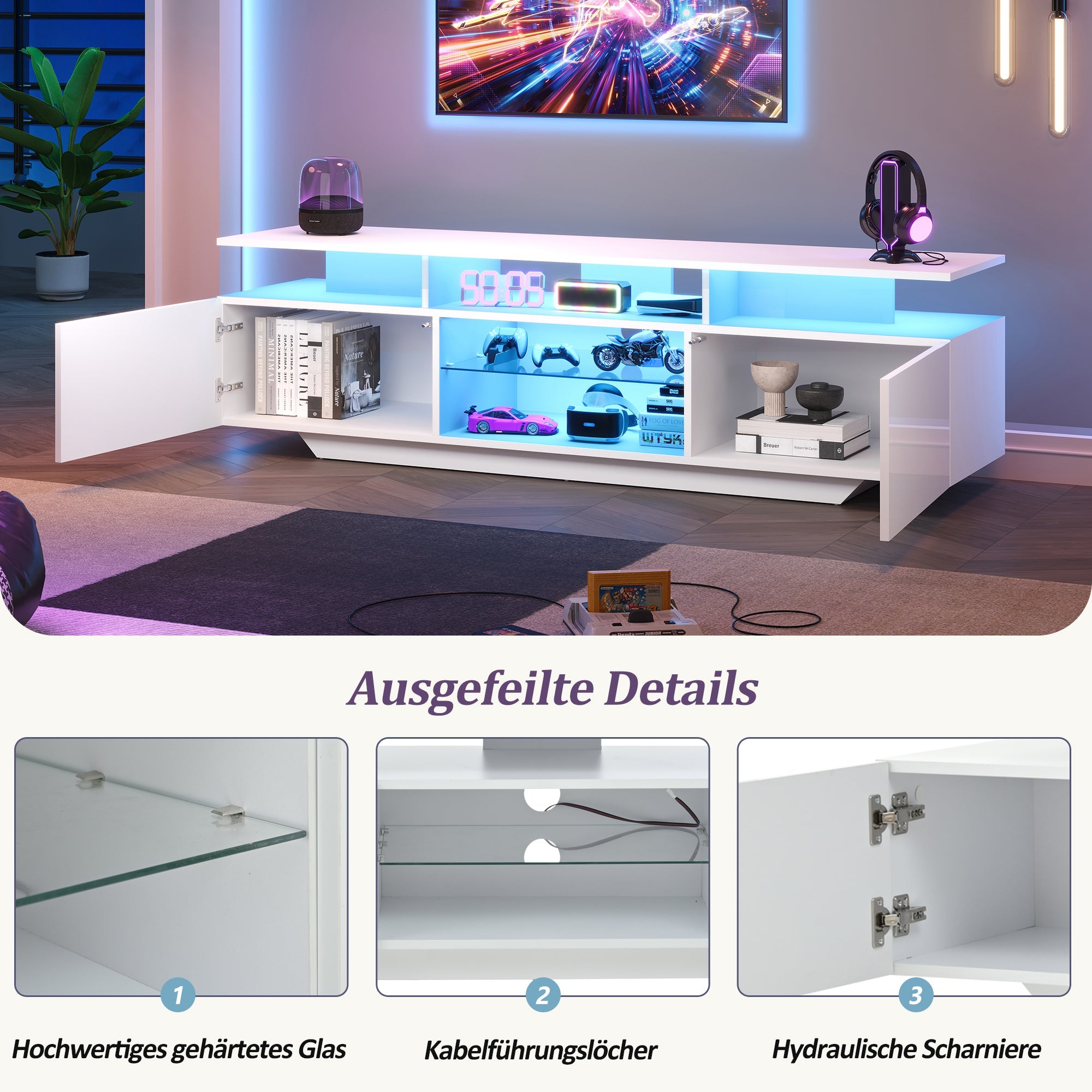 Logidon TV-meubel hoogglans wit 160 x 40 x 45 cm met LED lichtstrip glasplanken
