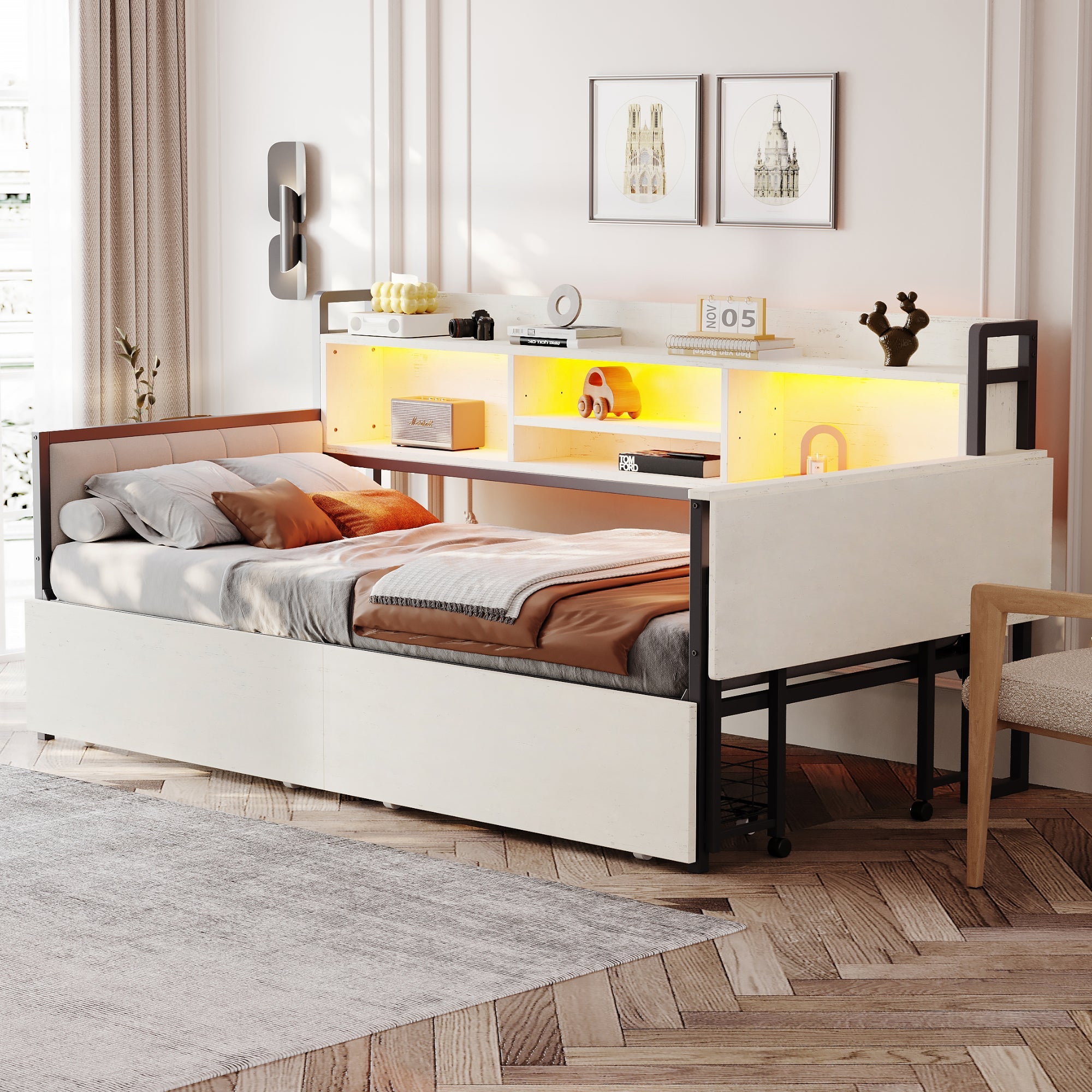 Logidon ijzeren slaapbank 90x200 cm met LED-verlichting opbergruimte wit