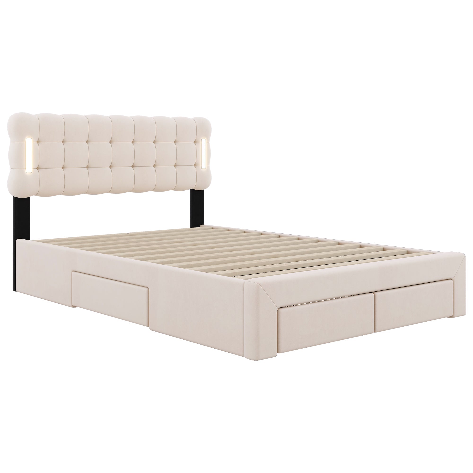 Logidon Flat Bed 140x200 Beige Velvet With Lighting And 4 Drawers