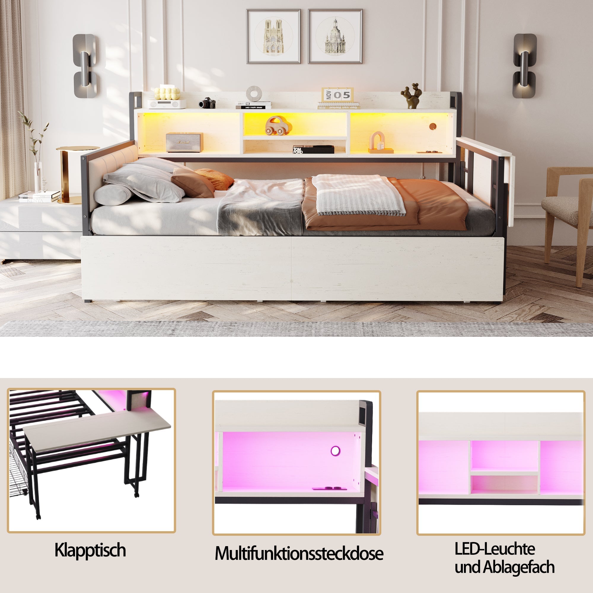 Logidon ijzeren slaapbank 90x200 cm met LED-verlichting opbergruimte wit