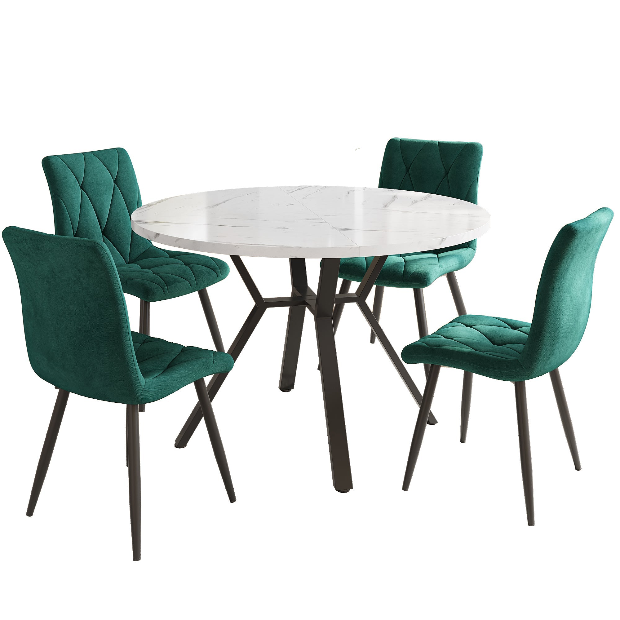 Logidon eettafelset 5-delig ronde marmerlook tafel en groene velours stoelen