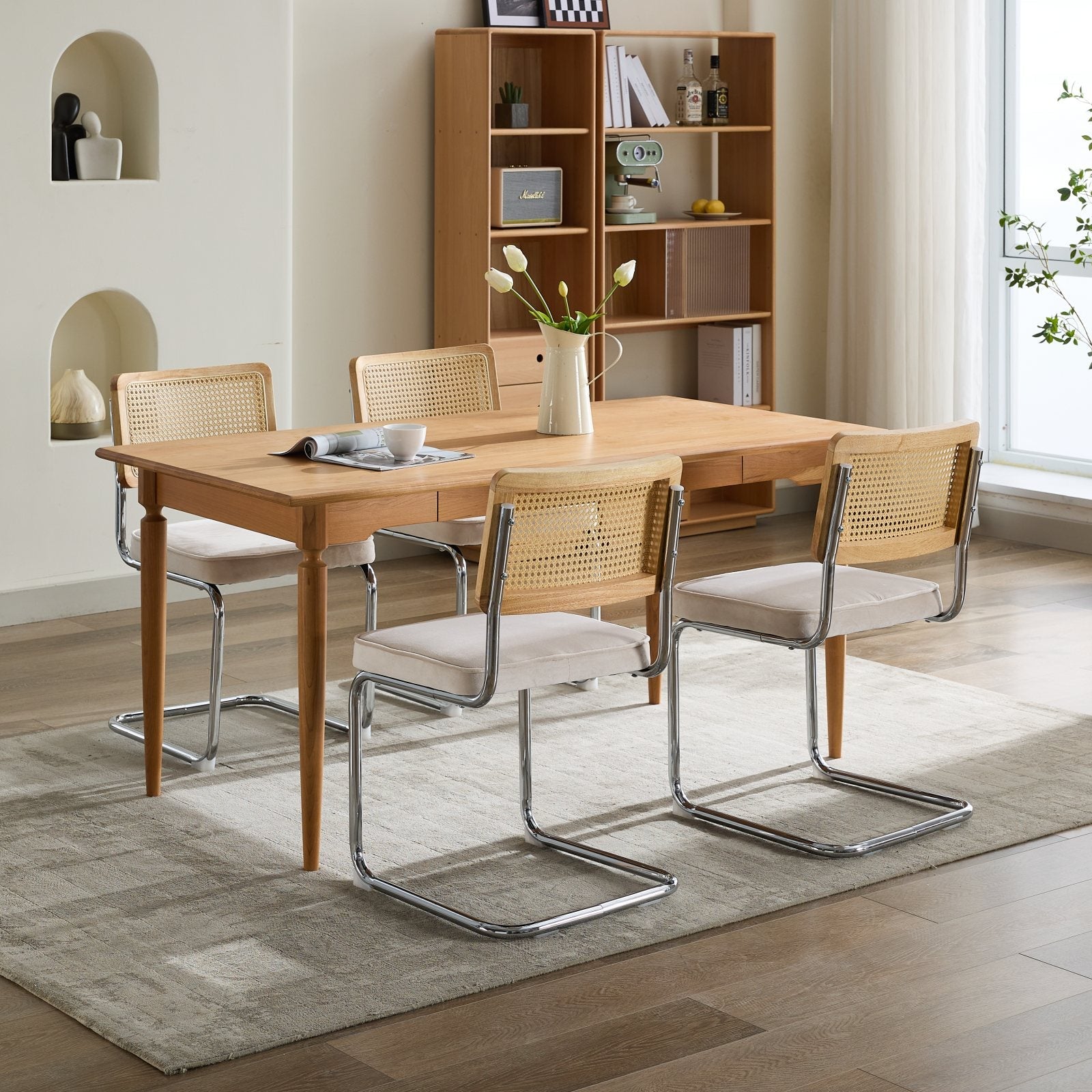 Logidon eettafel stoelen set van 2 velours zitting rotan rugleuning chroom frame beige
