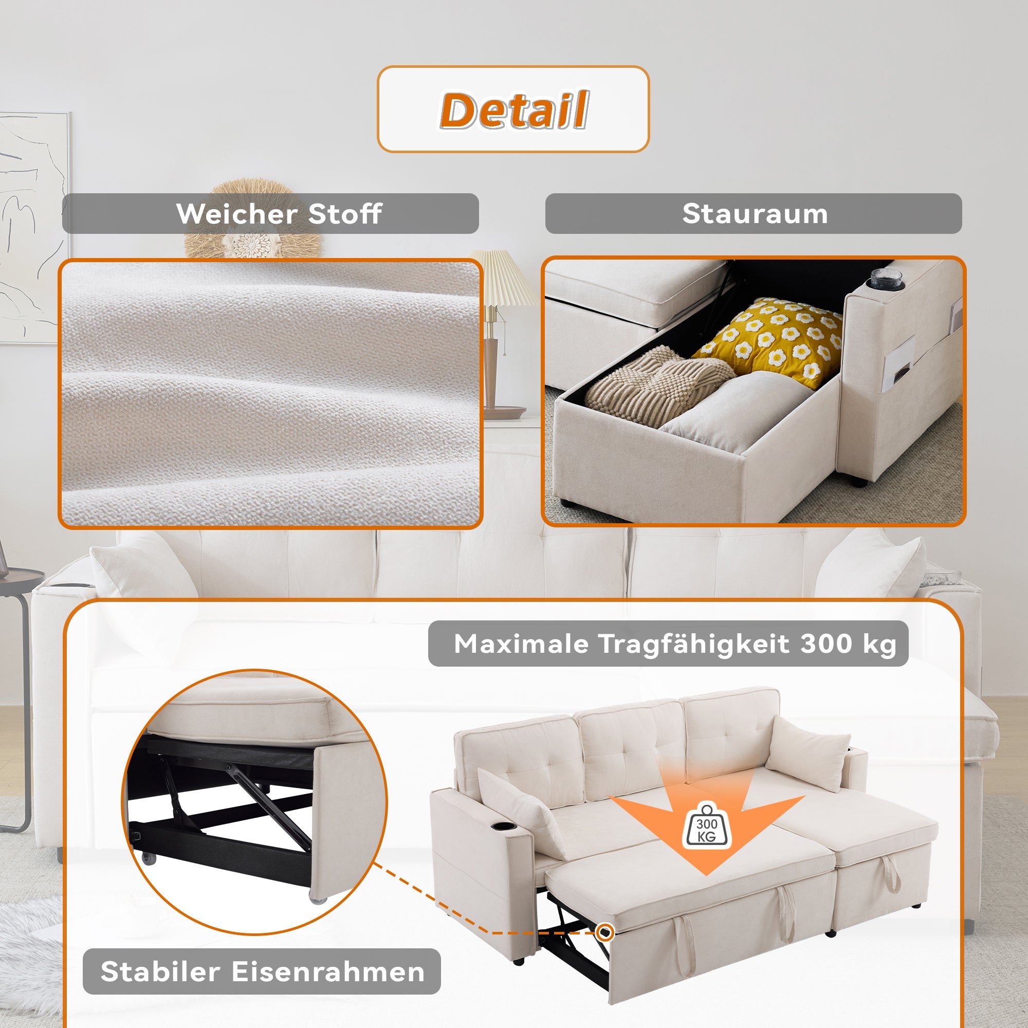 Logidon slaapbank L-vorm beige stof met opbergruimte en bekerhouder