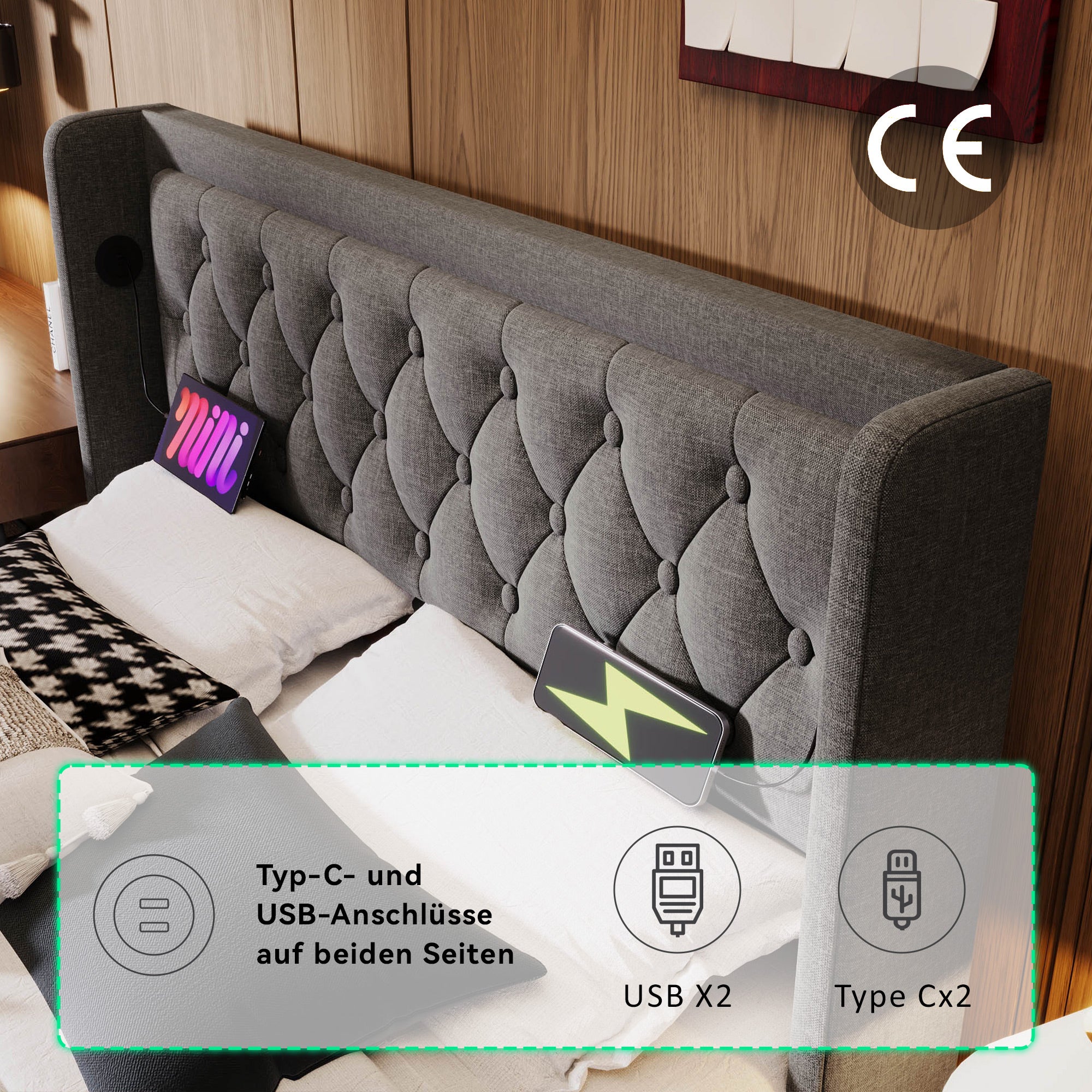 Logidon gestoffeerd bed 160x200 cm grijs fluweel opbergruimte USB-C oplaadfunctie