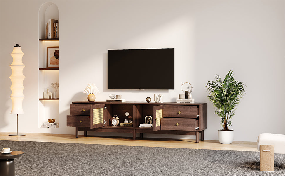Logidon TV cabinet 180 cm dark wood look rattan doors cable management