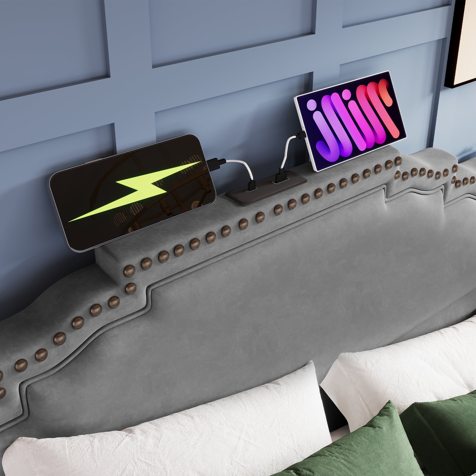 Logidon gestoffeerd bed 140x200 grijs fluweel met 4 lades en USB C