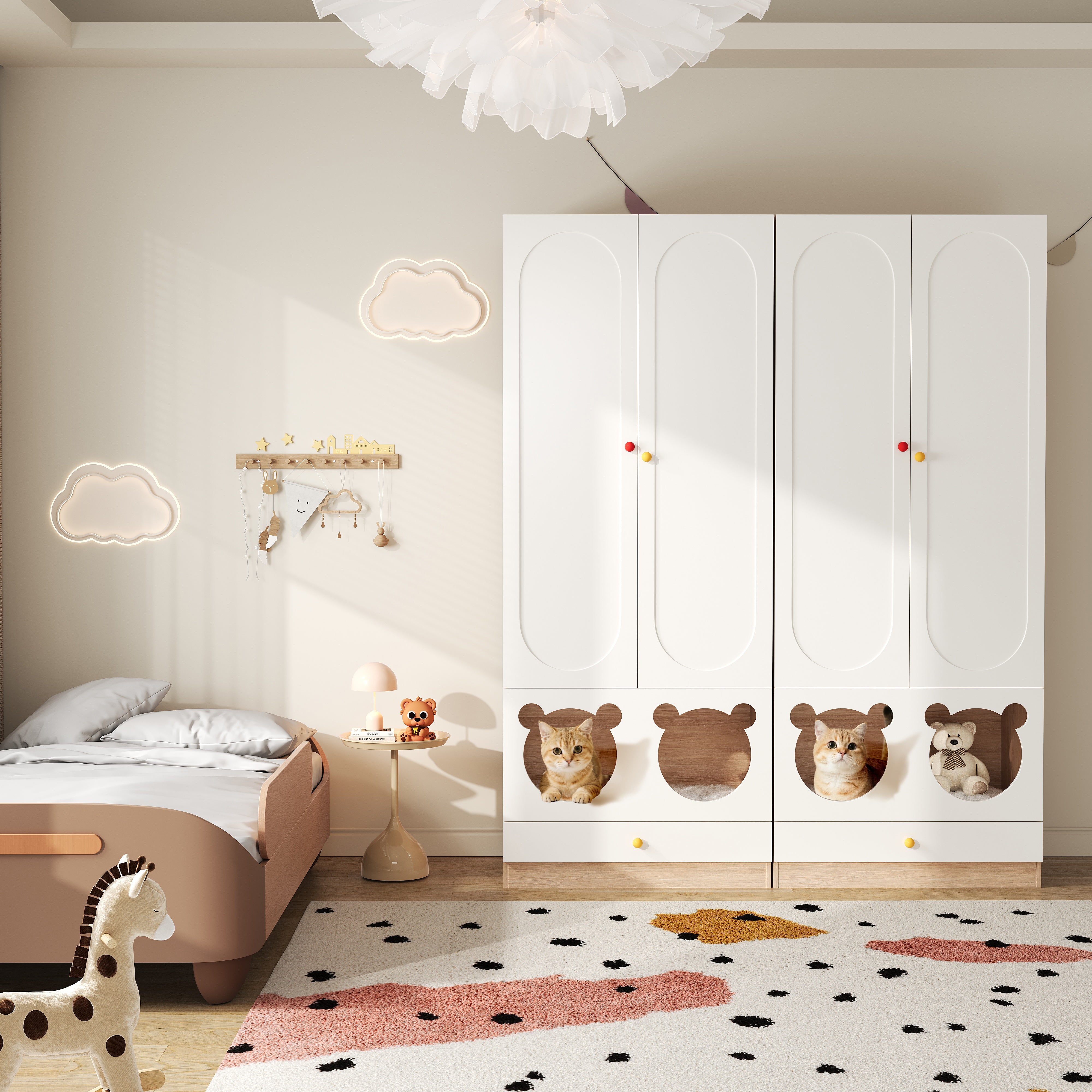 Logidon kinderkledingkast wit naturel hout met kattenmand 80x50x200cm