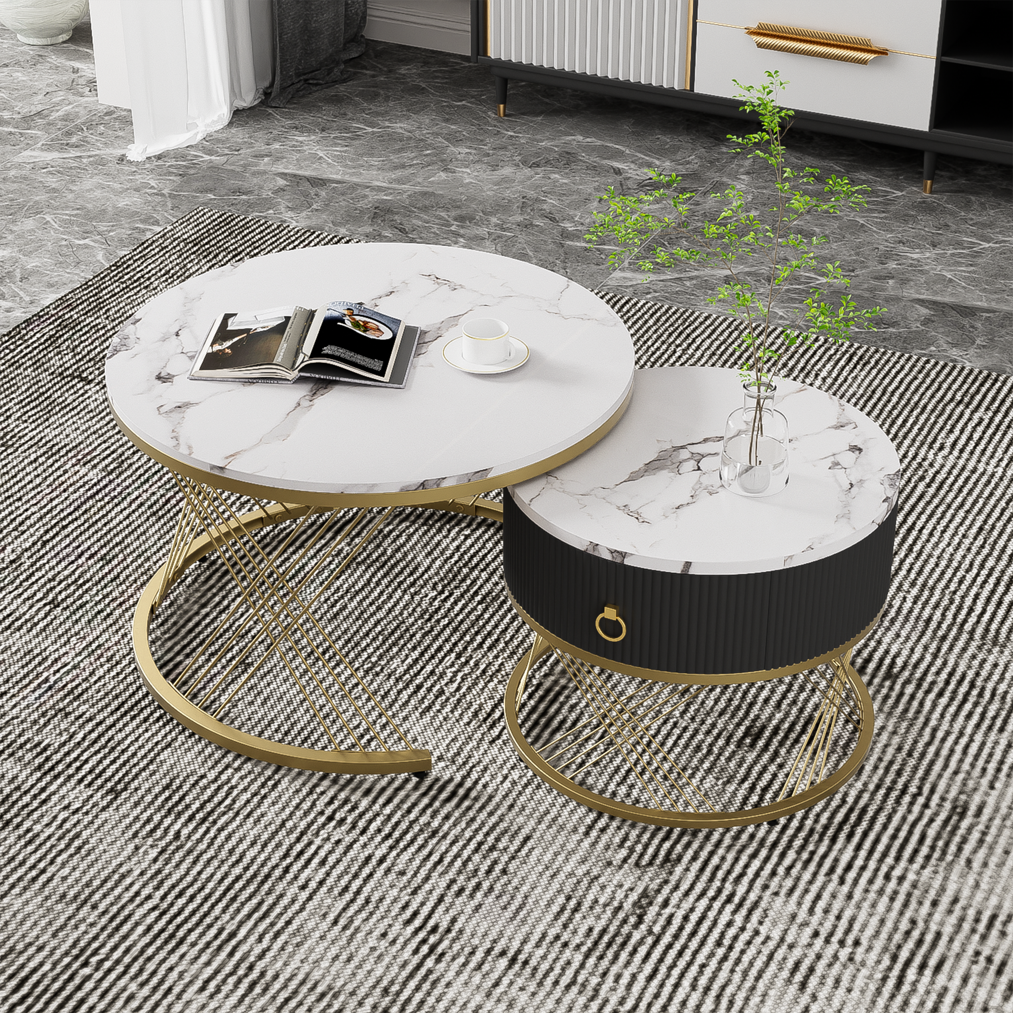 Logidon elegante modulaire salontafelset marmerlook witgoud decor set van 2