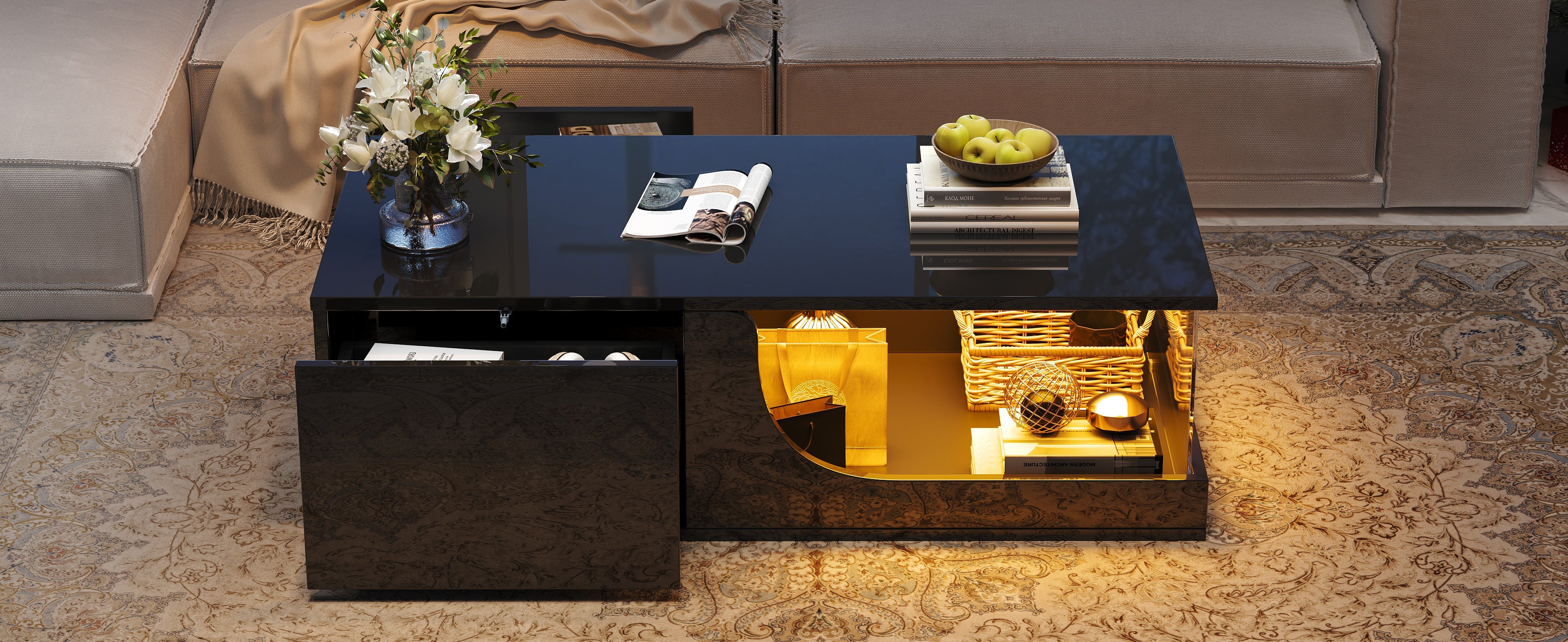 Logidon Zwarte hoogglans salontafel 100x50x30 cm LED-verlichting