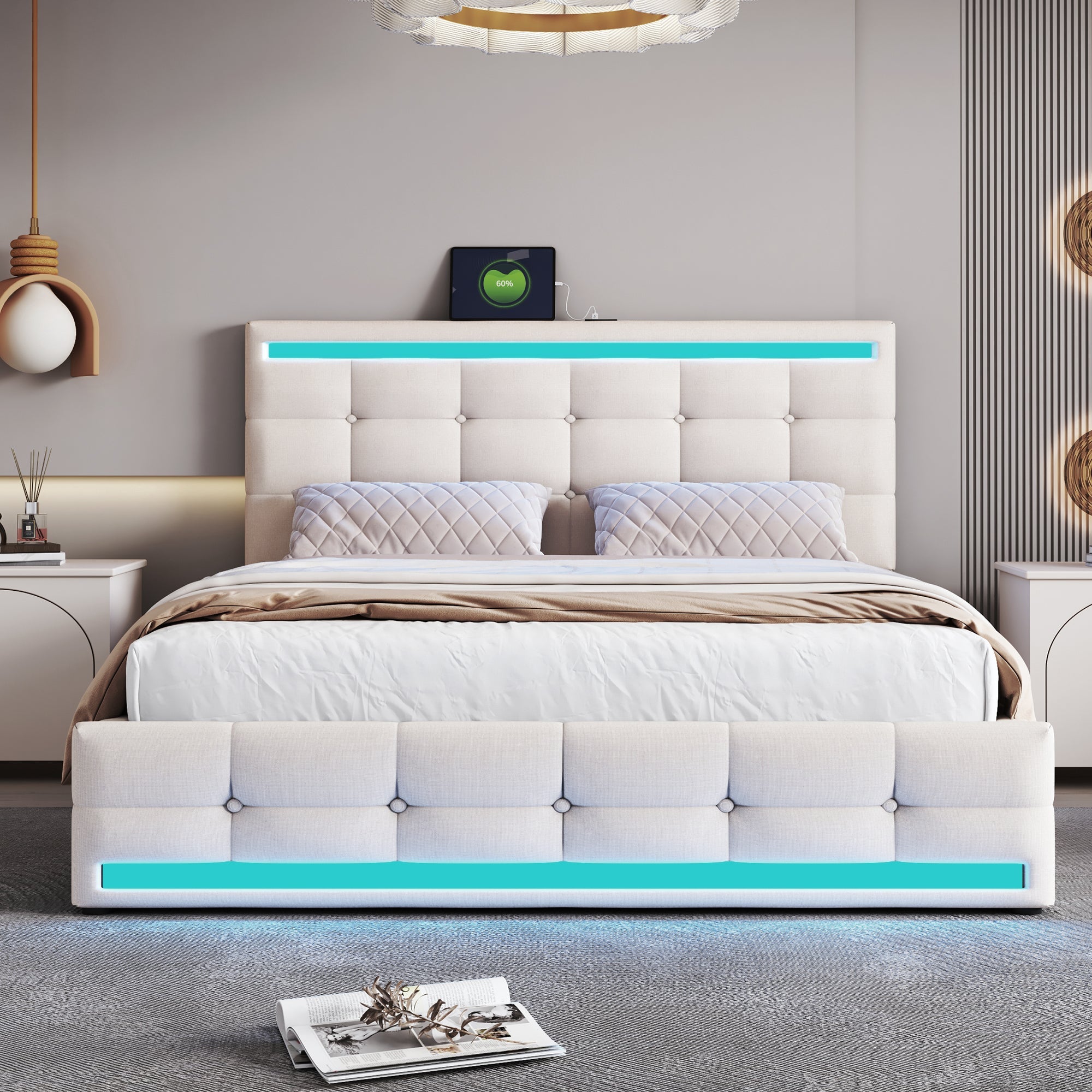 Logidon gestoffeerd bed 140x200 beige met LED verlichting en opbergruimte