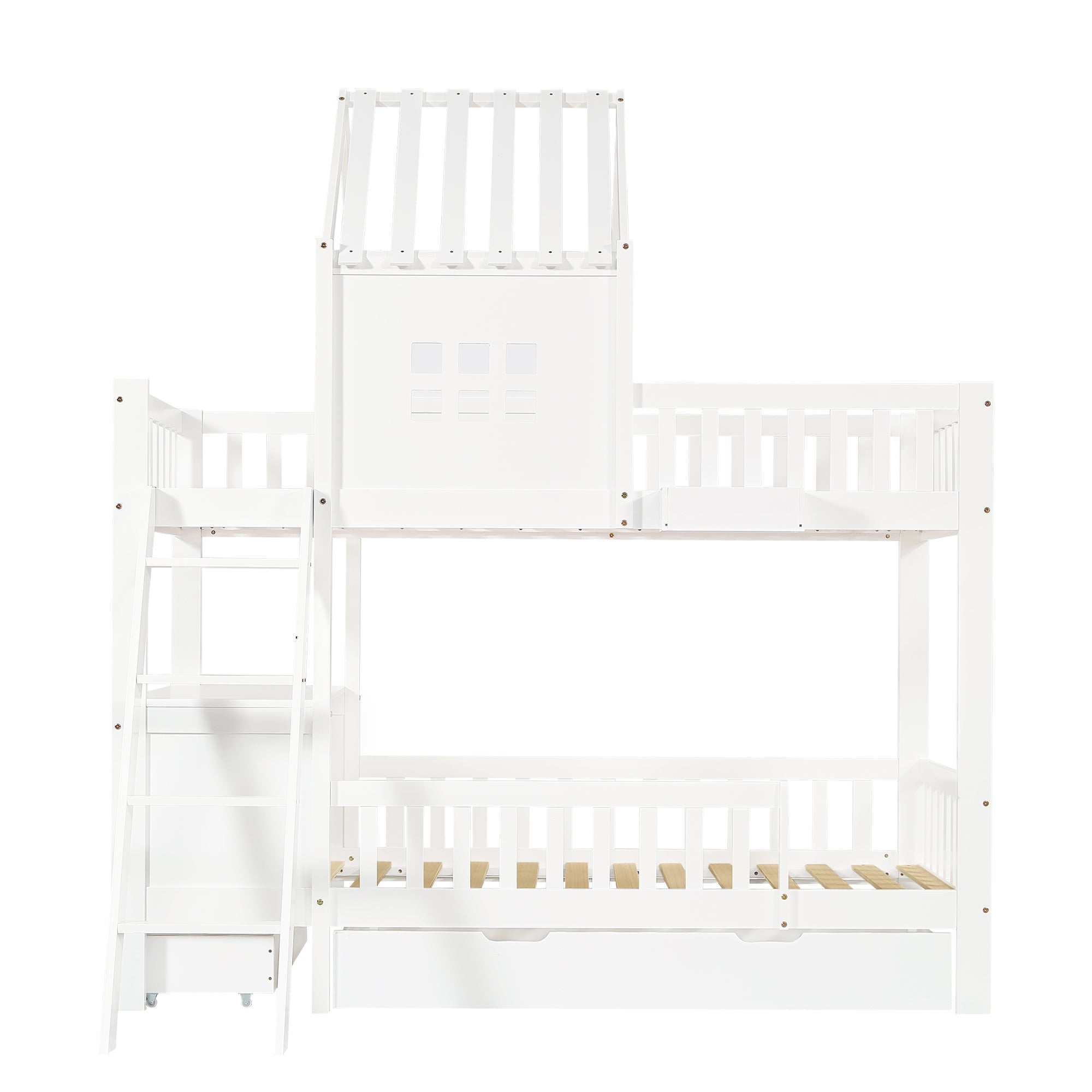 Logidon stapelbed 90x200 wit met dak, raam en 2 lades