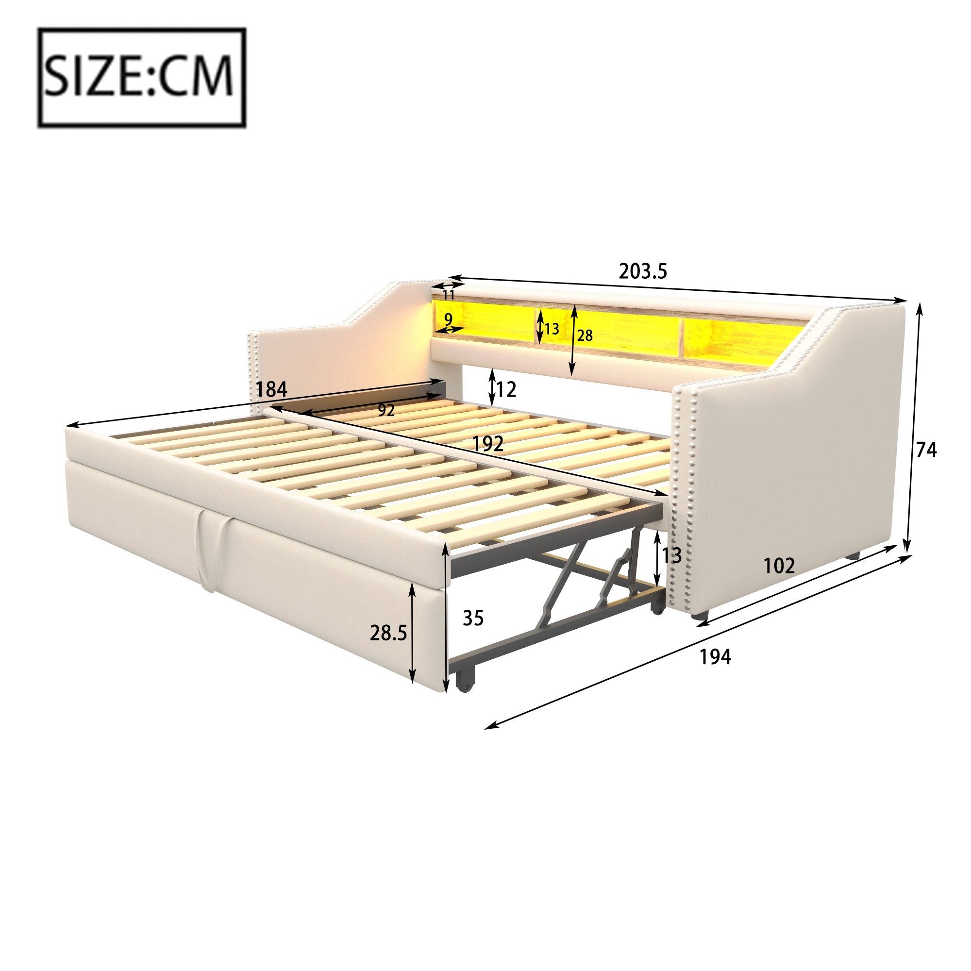 Logidon gestoffeerd bed uitschuifbare slaapbank 90/180 x 190 beige opbergvak