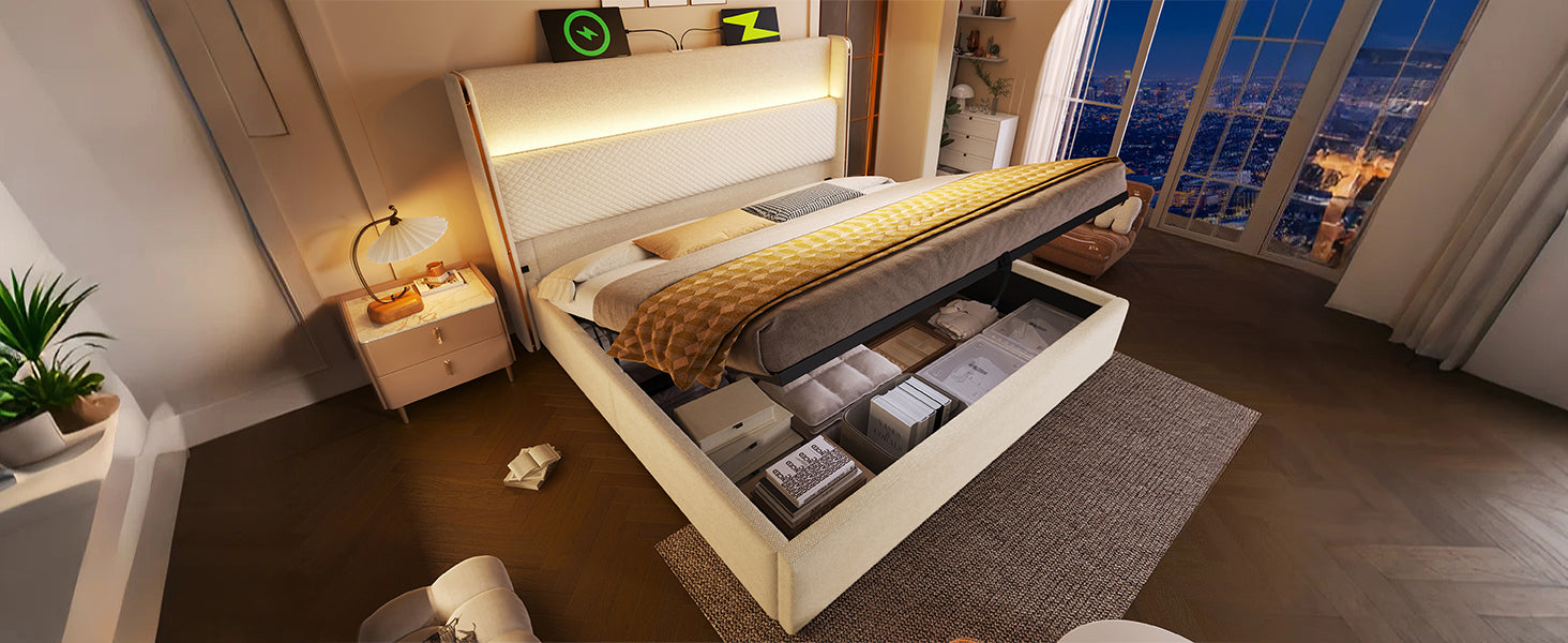 Logidon hydraulisch bed 140x200 beige linnenlook met LED