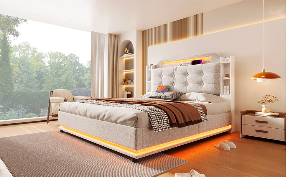 Logidon gestoffeerd bed 140x200 beige met LED lichtstrip en opbergruimte