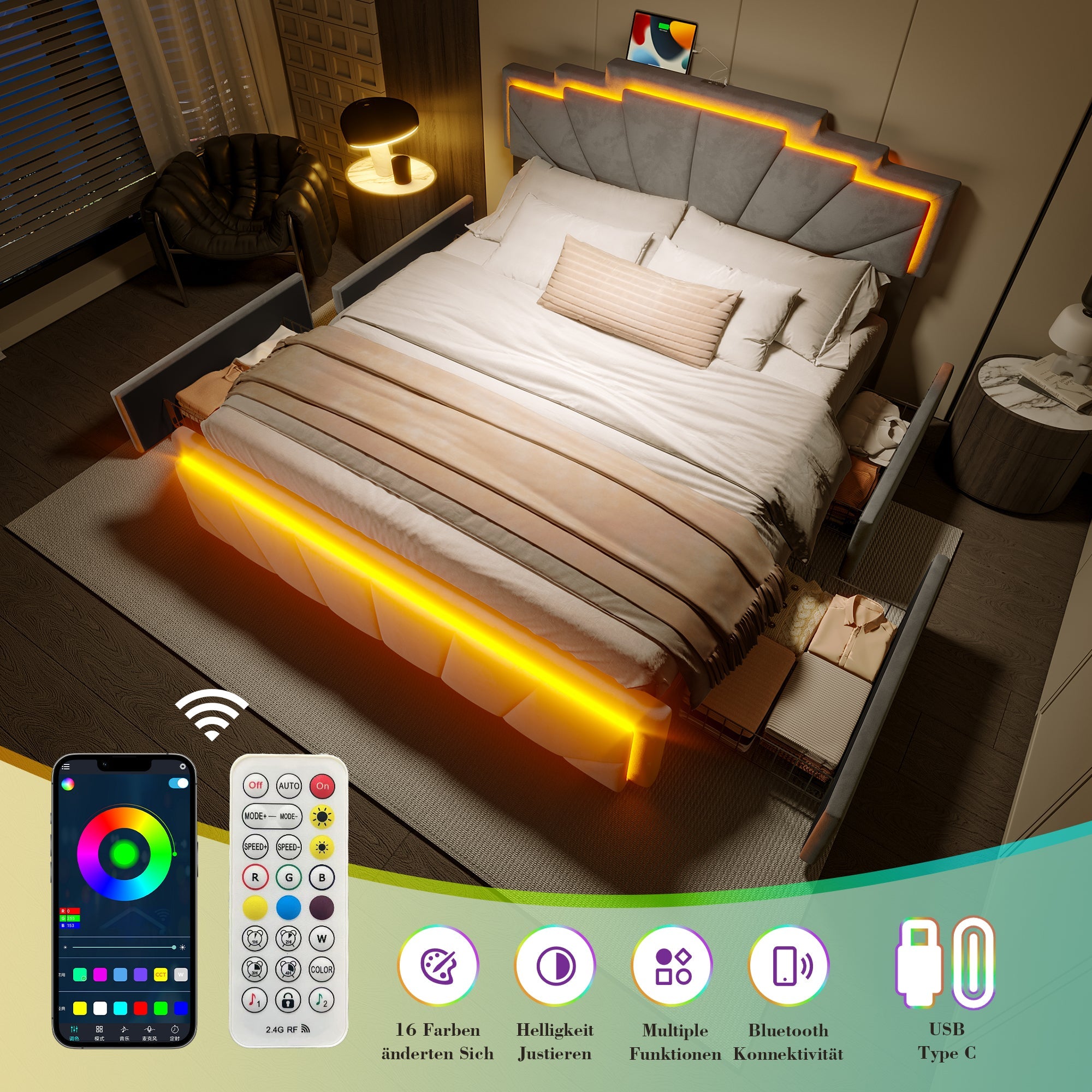 Logidon gestoffeerd bed 160x200 cm donkergrijs fluweel LED-hoofdbord