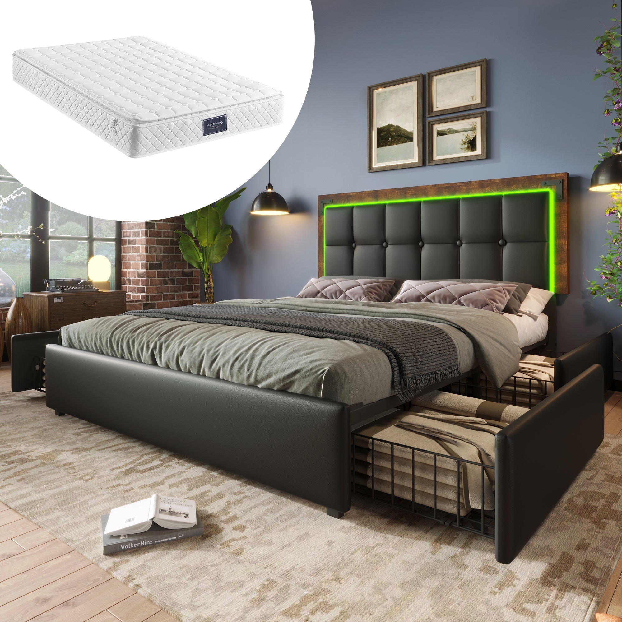 Logidon bedframe 160x200cm met LED-strip en 4 lades zwart