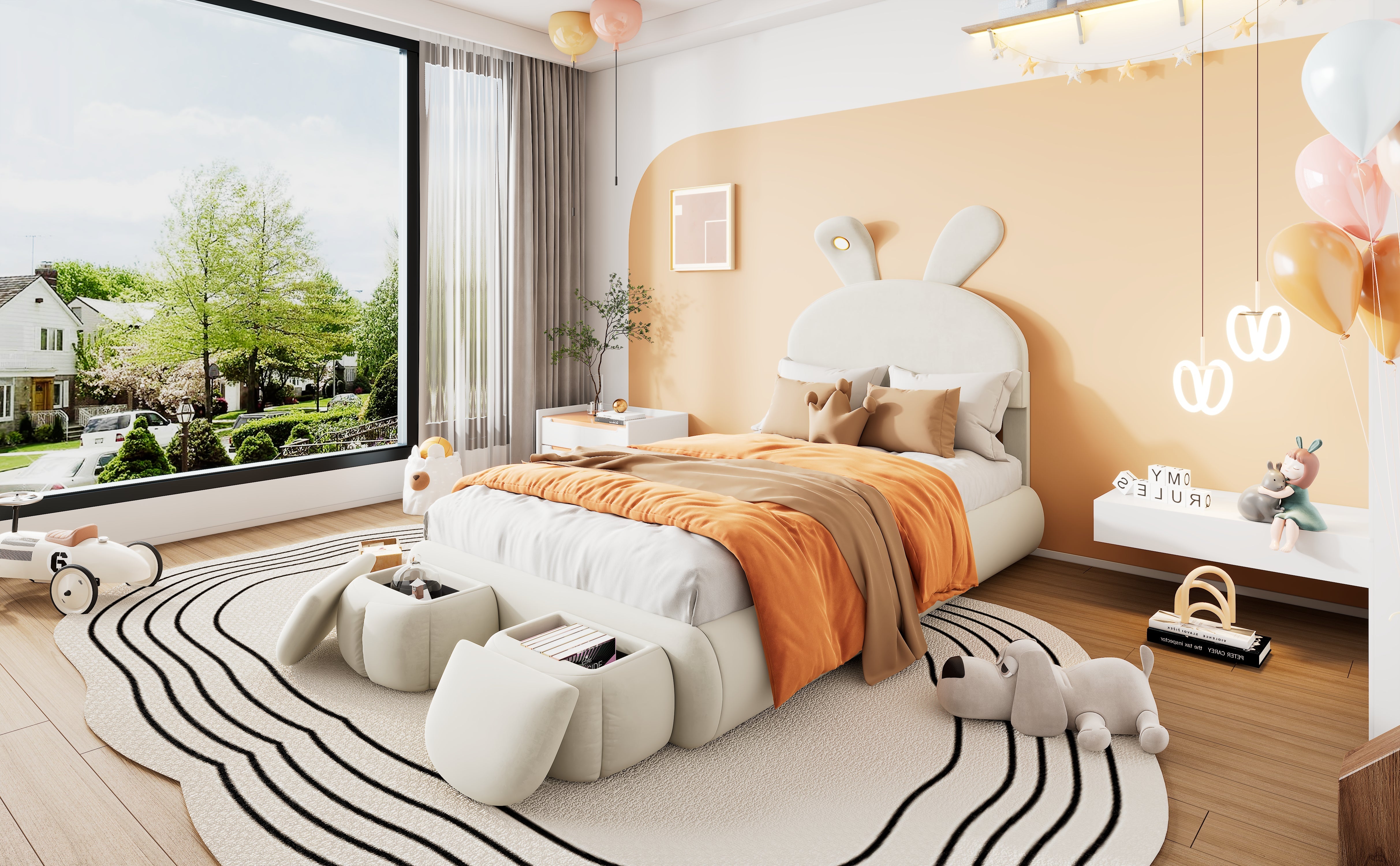 Logidon gestoffeerd bed 90x200 beige fluwelen opbergkruk met konijnenoren