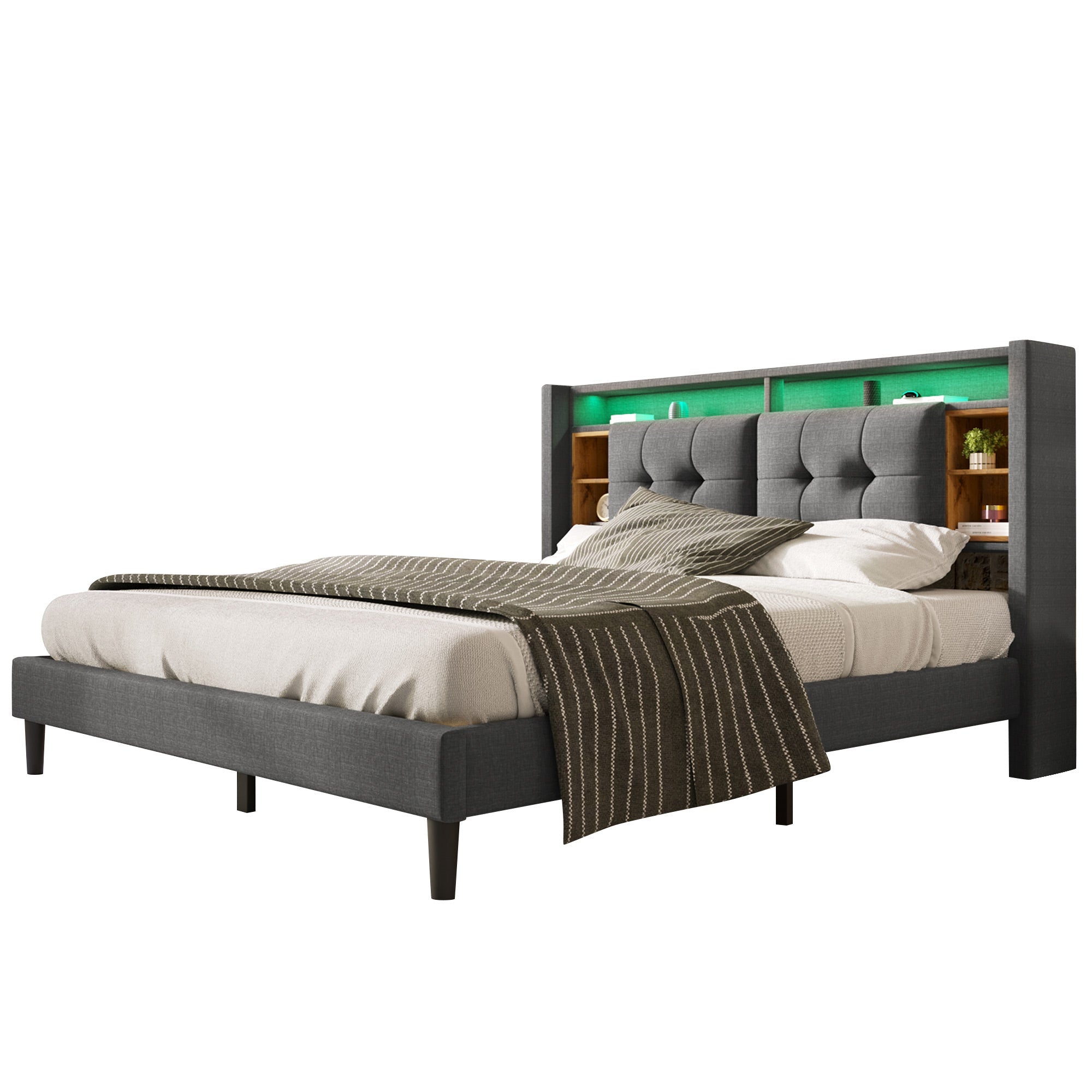 Logidon gestoffeerd bed tweepersoonsbed opbergruimte hoofdbord USB LED grijs 140x200