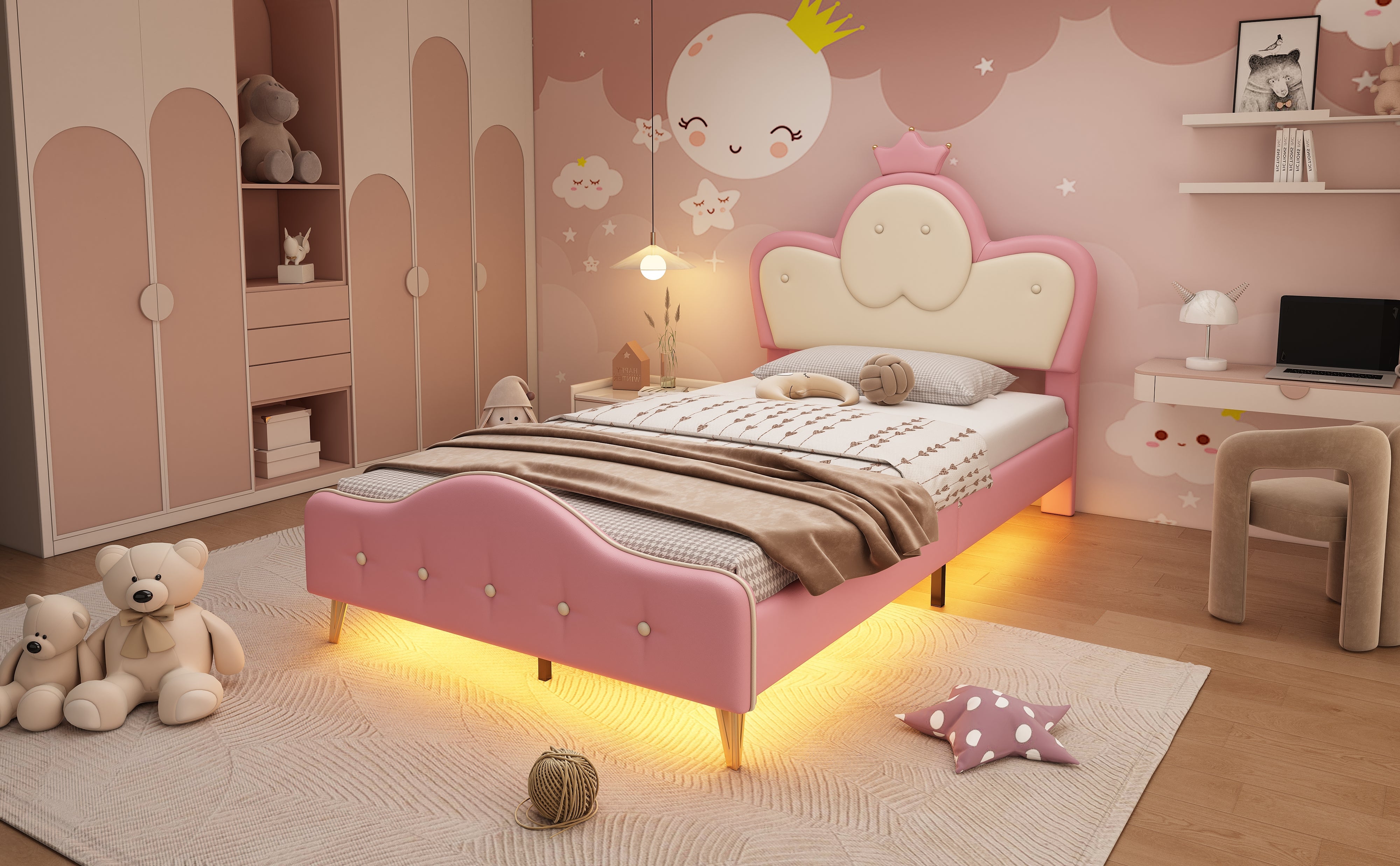 Logidon gestoffeerd bed kinderbed roze wit 90x200 met kroonhoofdbord