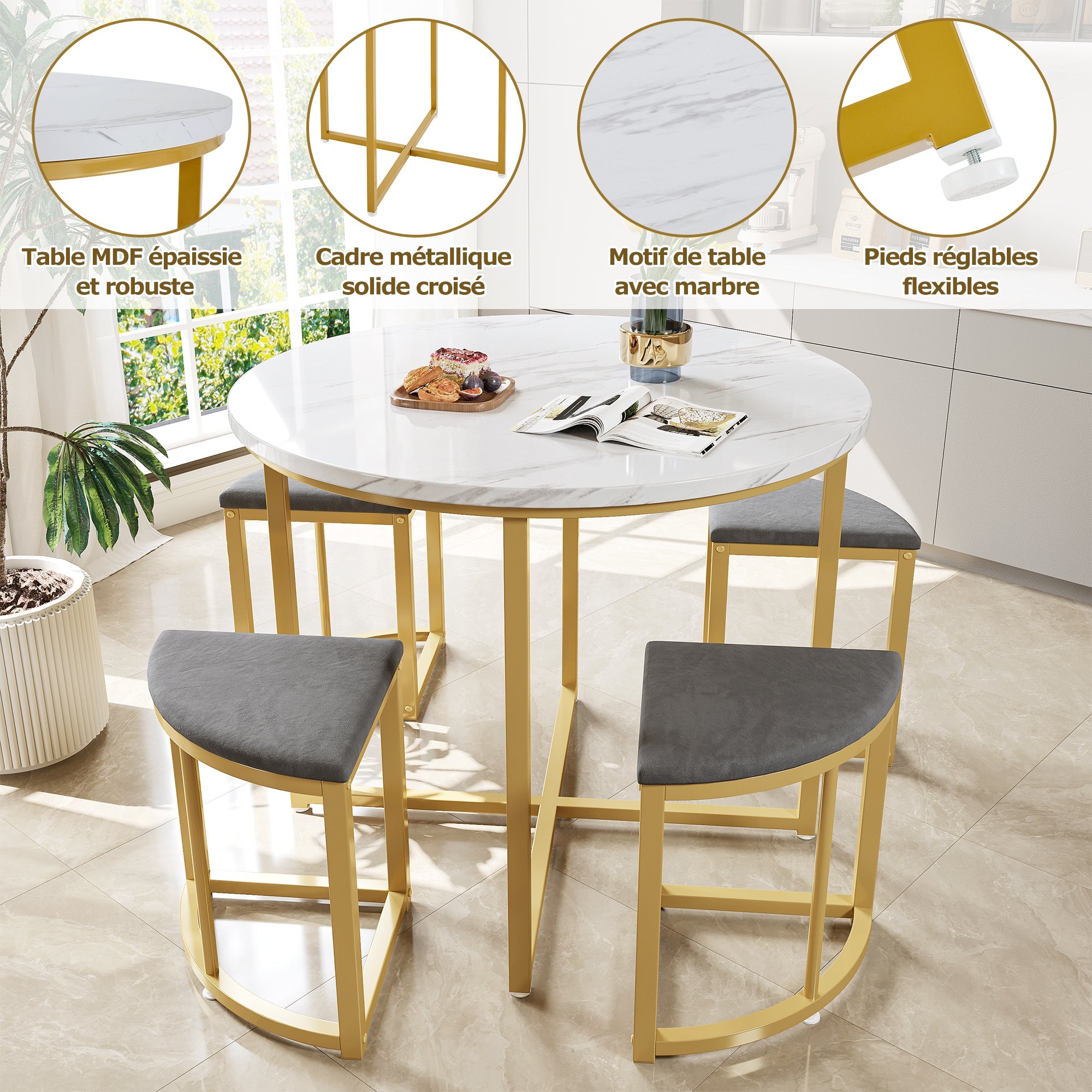 Logidon eettafelset grijs fluweel, 80x80 cm, gouden frame, 4 stoelen