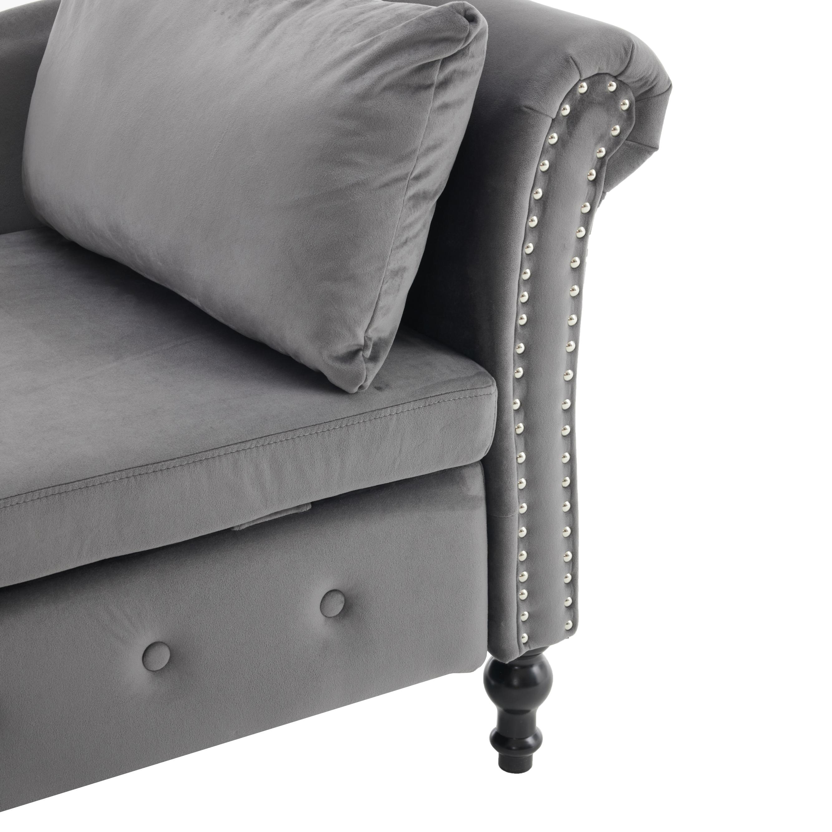 Logidon chaise longue bank grijs fluweel met opbergspijkerkop
