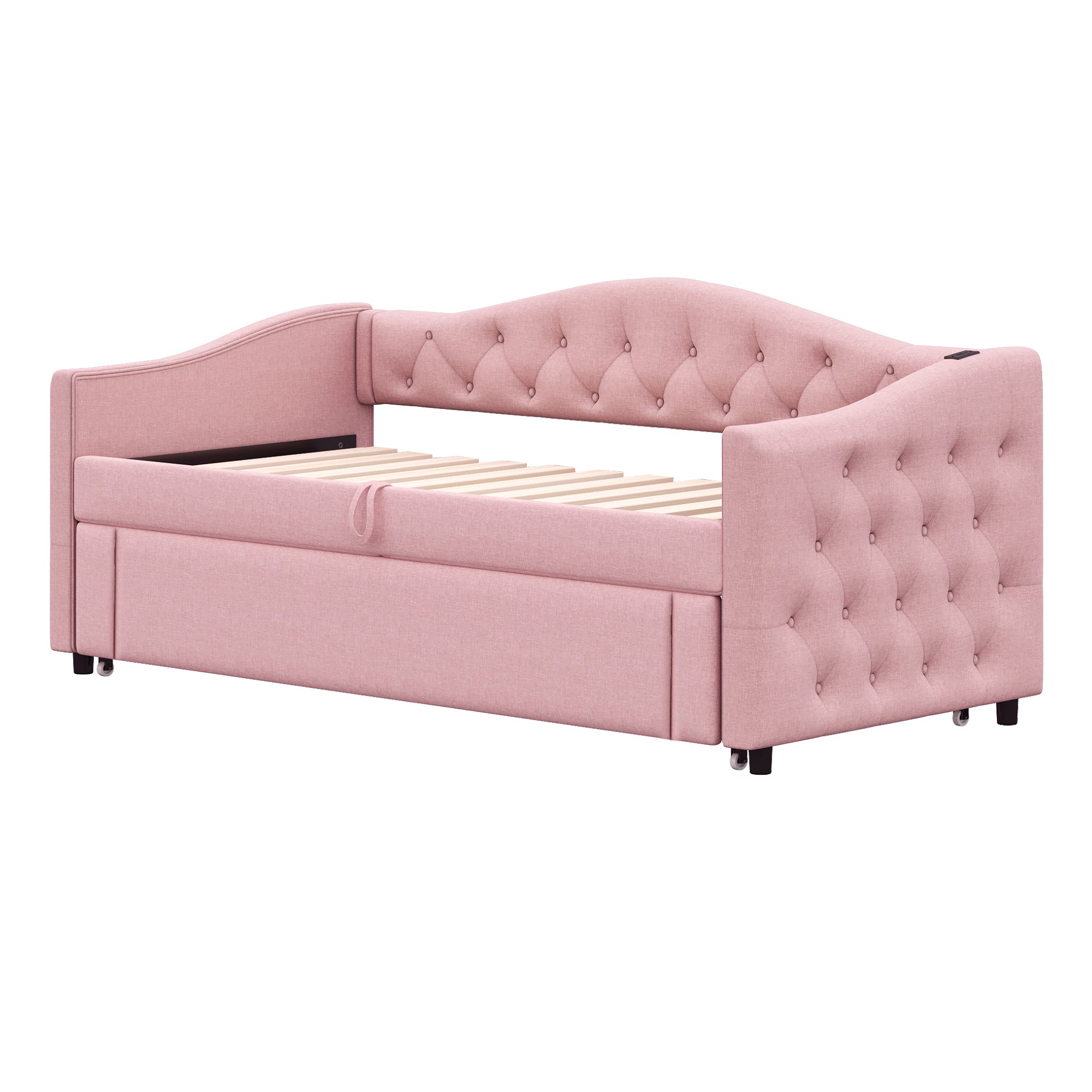 Logidon gestoffeerde slaapbank 90x200 roze linnen USB-aansluiting