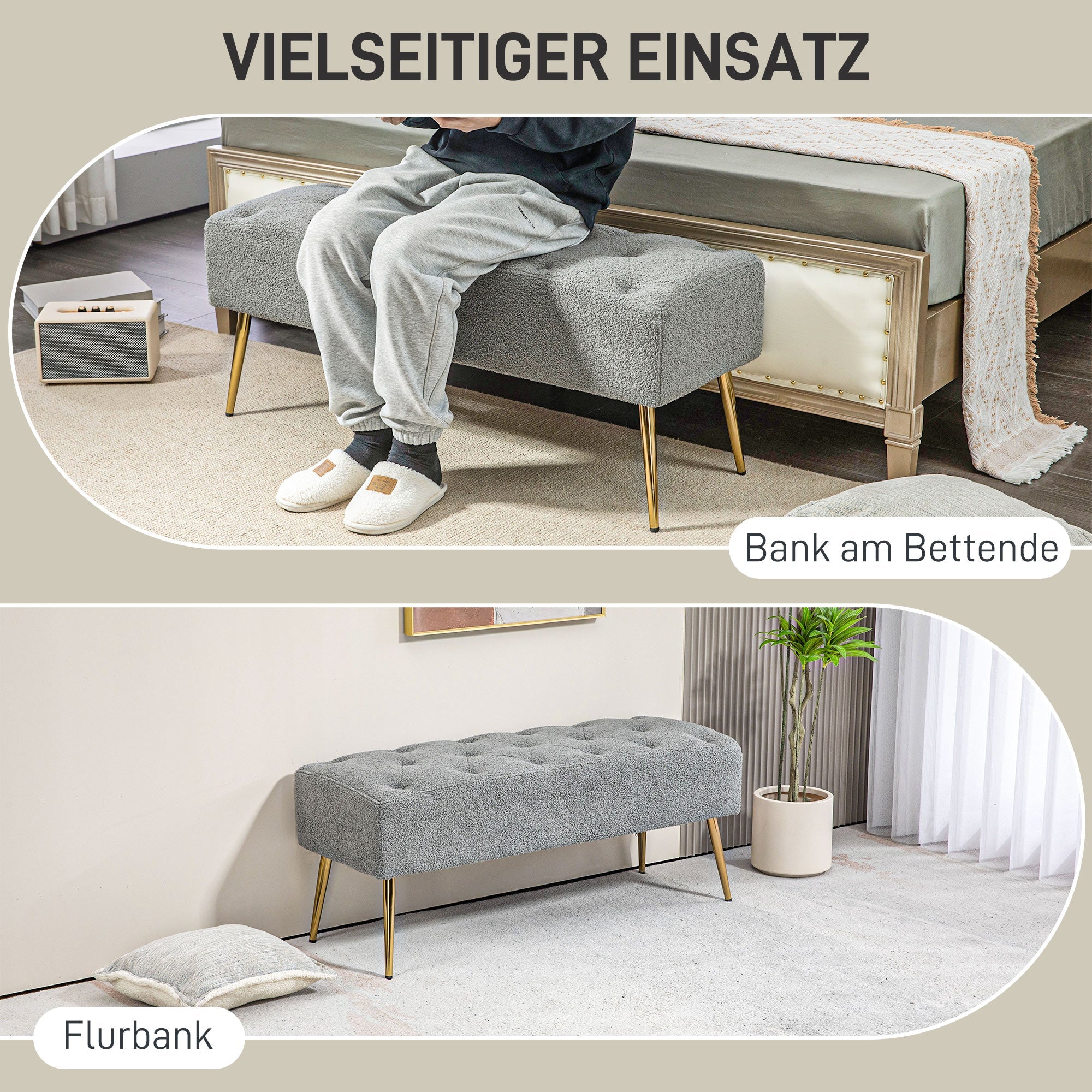 Logidon Bank met lamswollen look en knoopstiksels grijs 112x41x46 cm