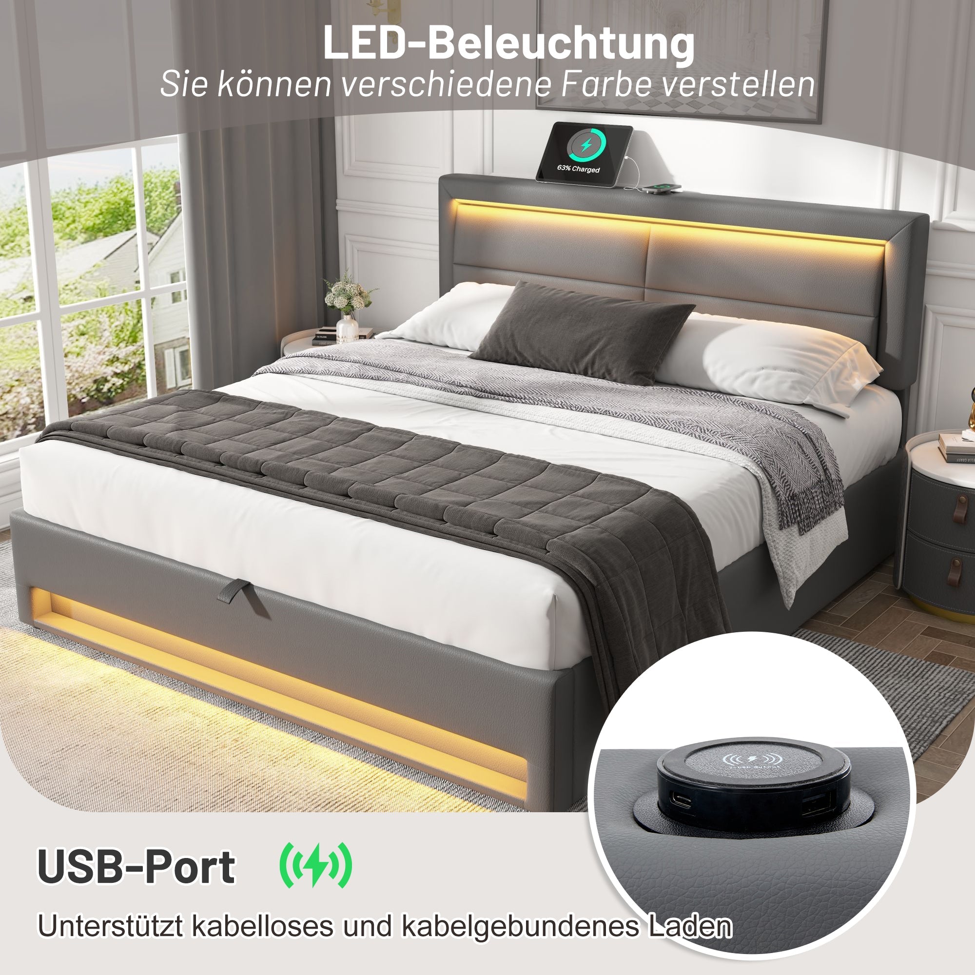 Logidon upholstered bed 140x200 gray with USB charging port LED storage space