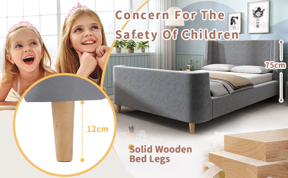Logidon kinderbed gestoffeerd bed 90x200 grijs fluweel kosmisch patroon