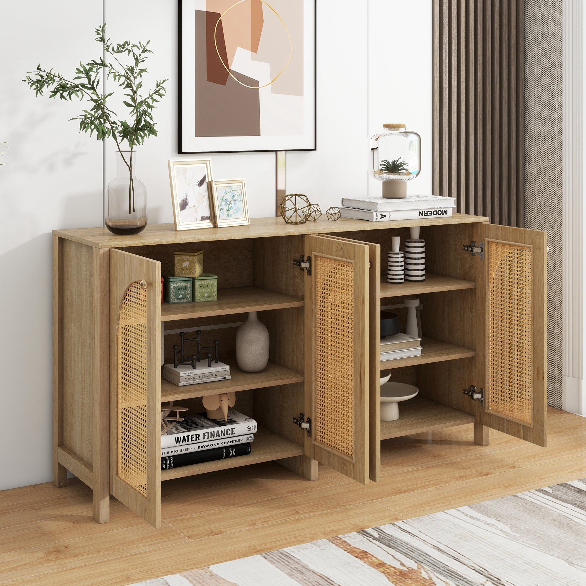 Logidon Dressoir 145x40x80 cm met vier rotan deuren natuurlijk hout