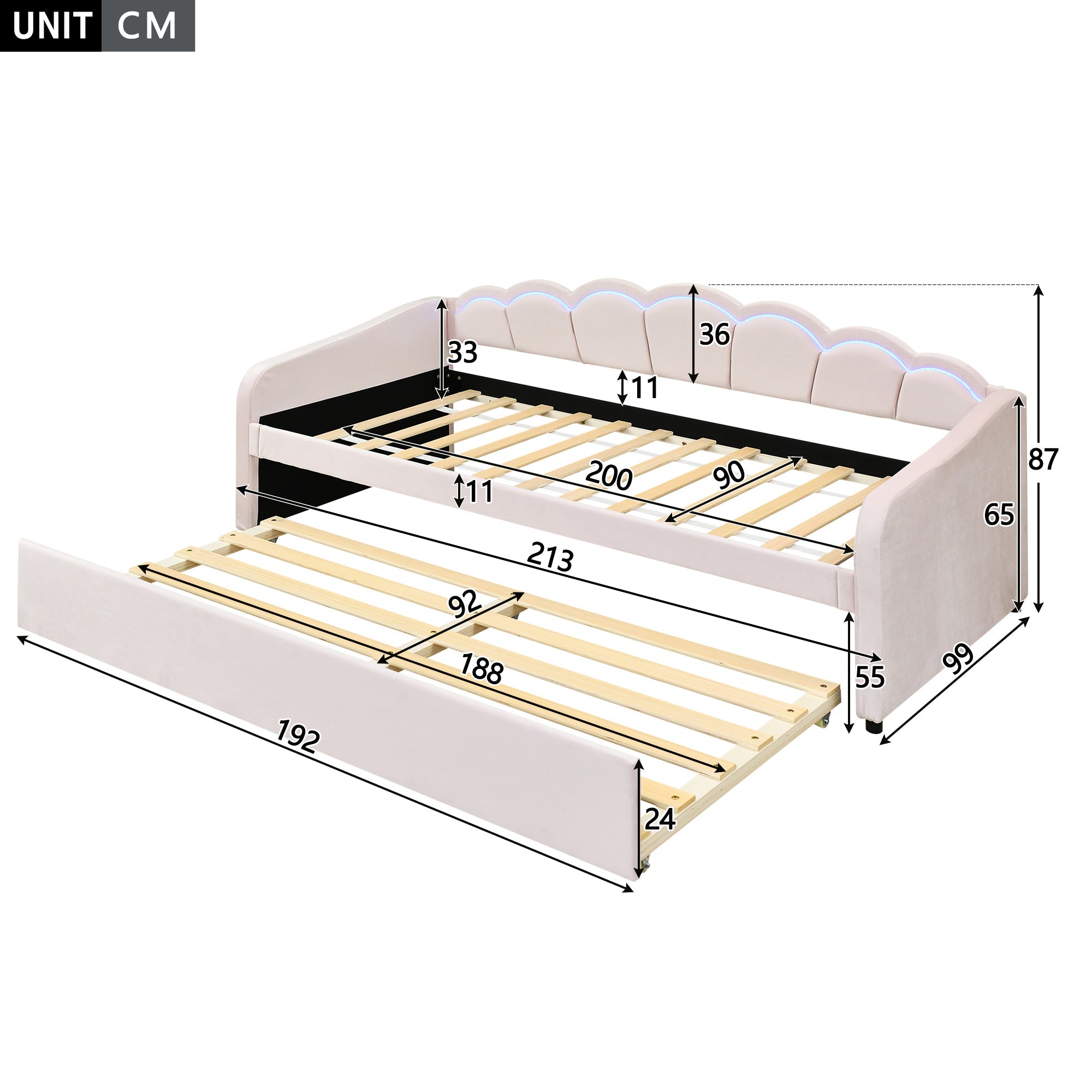 Logidon Daybed 90x200 cm daybed met uitschuifbaar bed roze fluweel